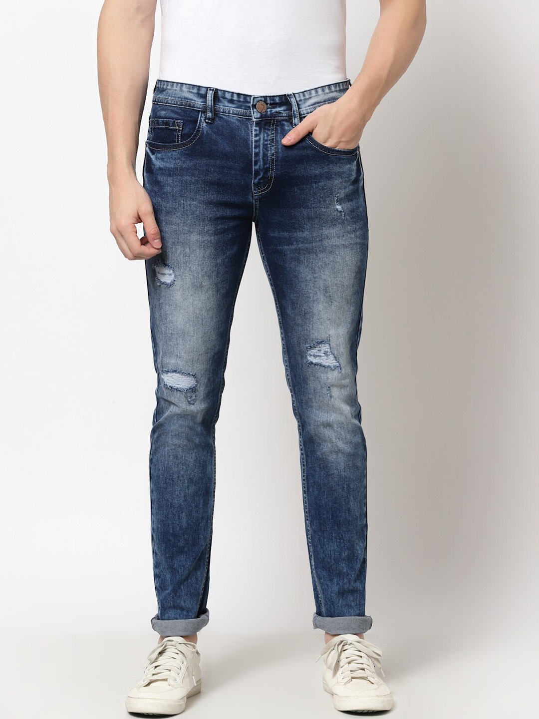 

FEVER Men Blue Slim Fit Mildly Distressed Ripped Heavy Fade Stretchable Jeans