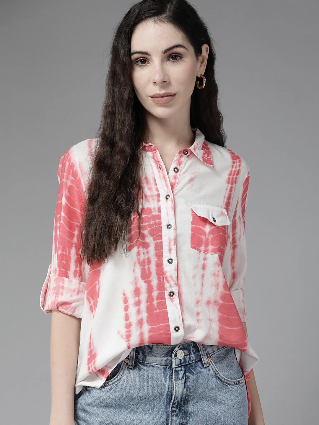 

Roadster Women White & Pink Tie and Dyed Casual Shirt