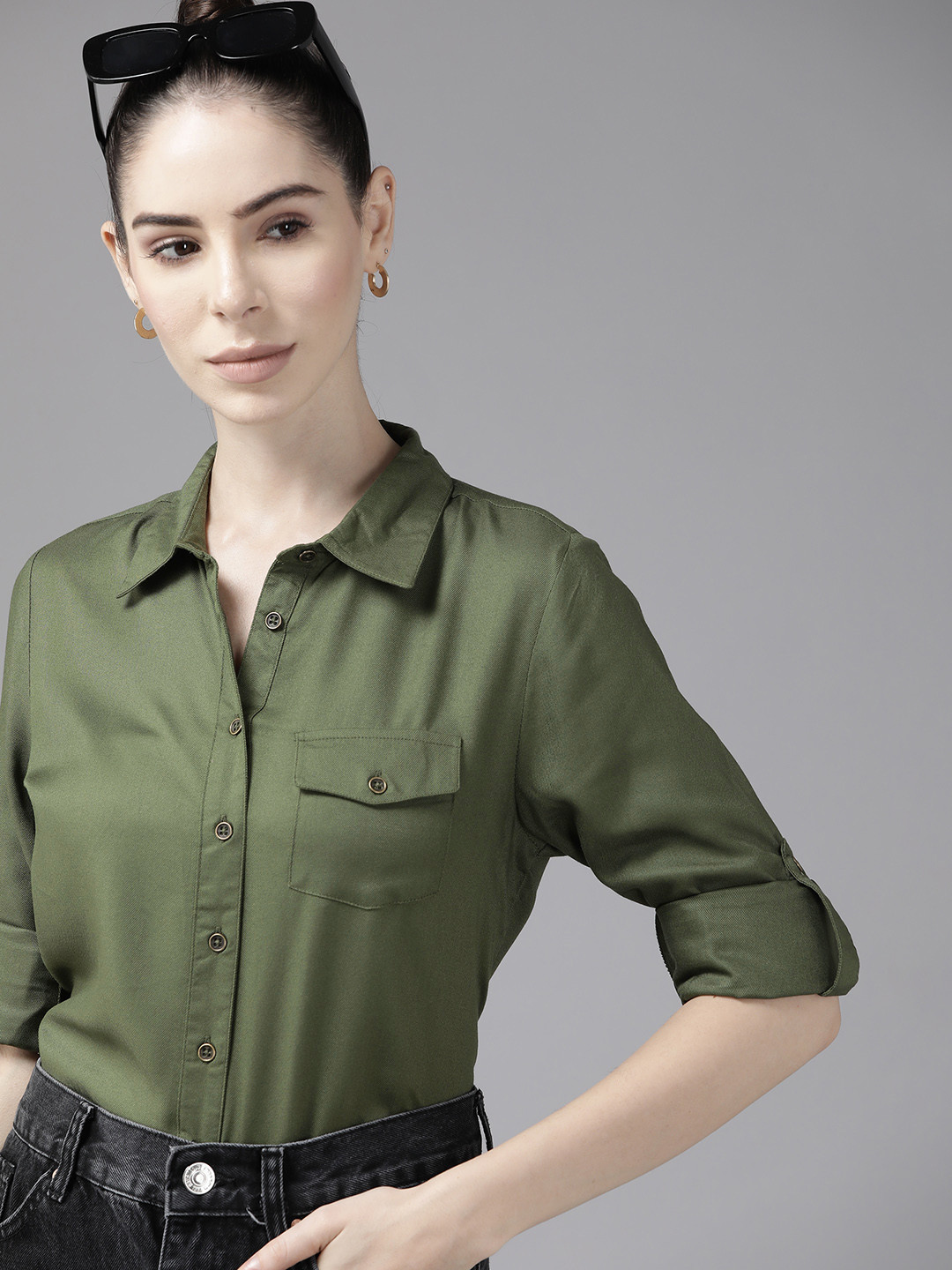 

Roadster Women Olive Green Casual Shirt