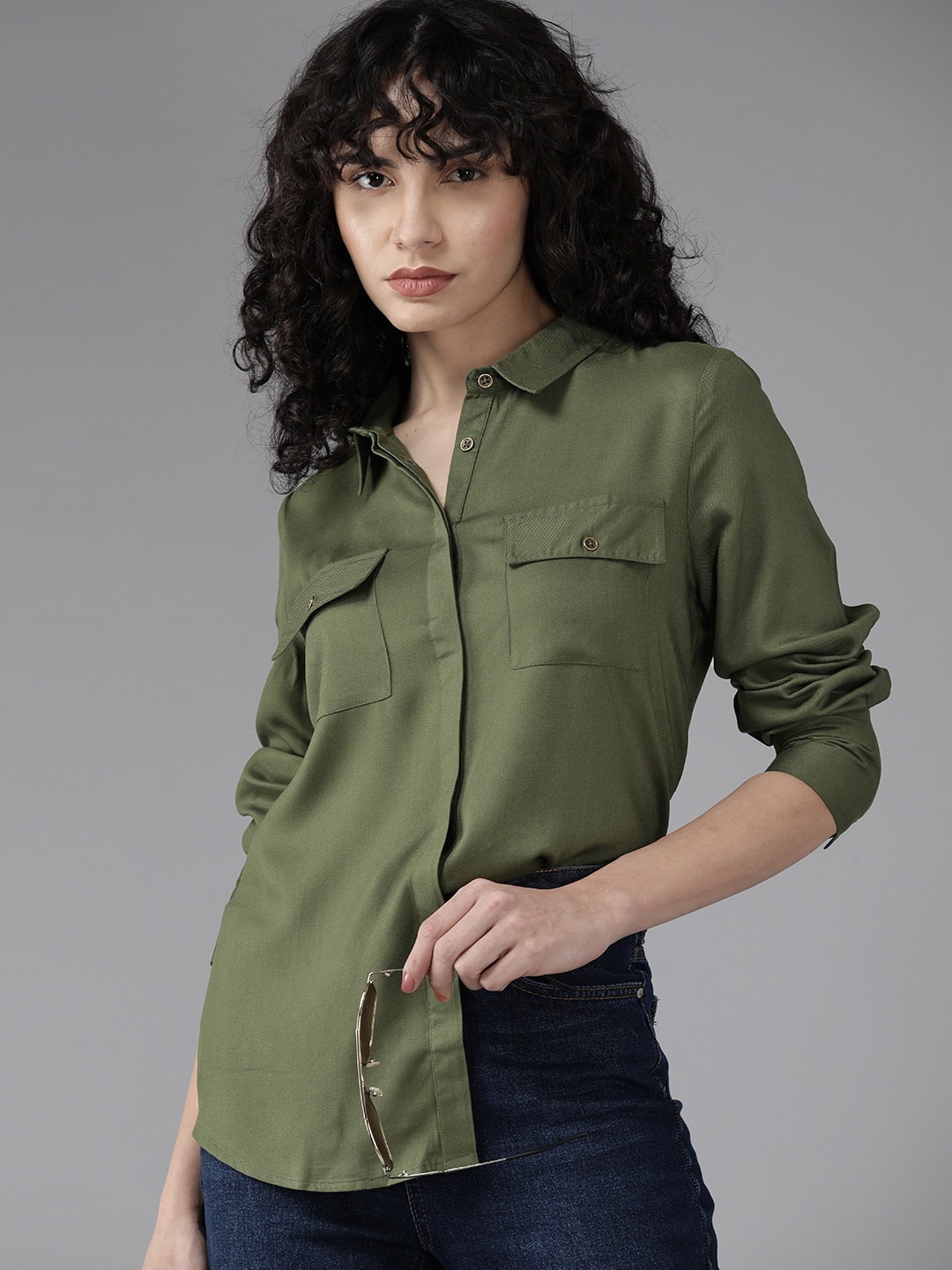 

The Roadster Lifestyle Co. Women Olive Green Solid Regular Fit Shirt