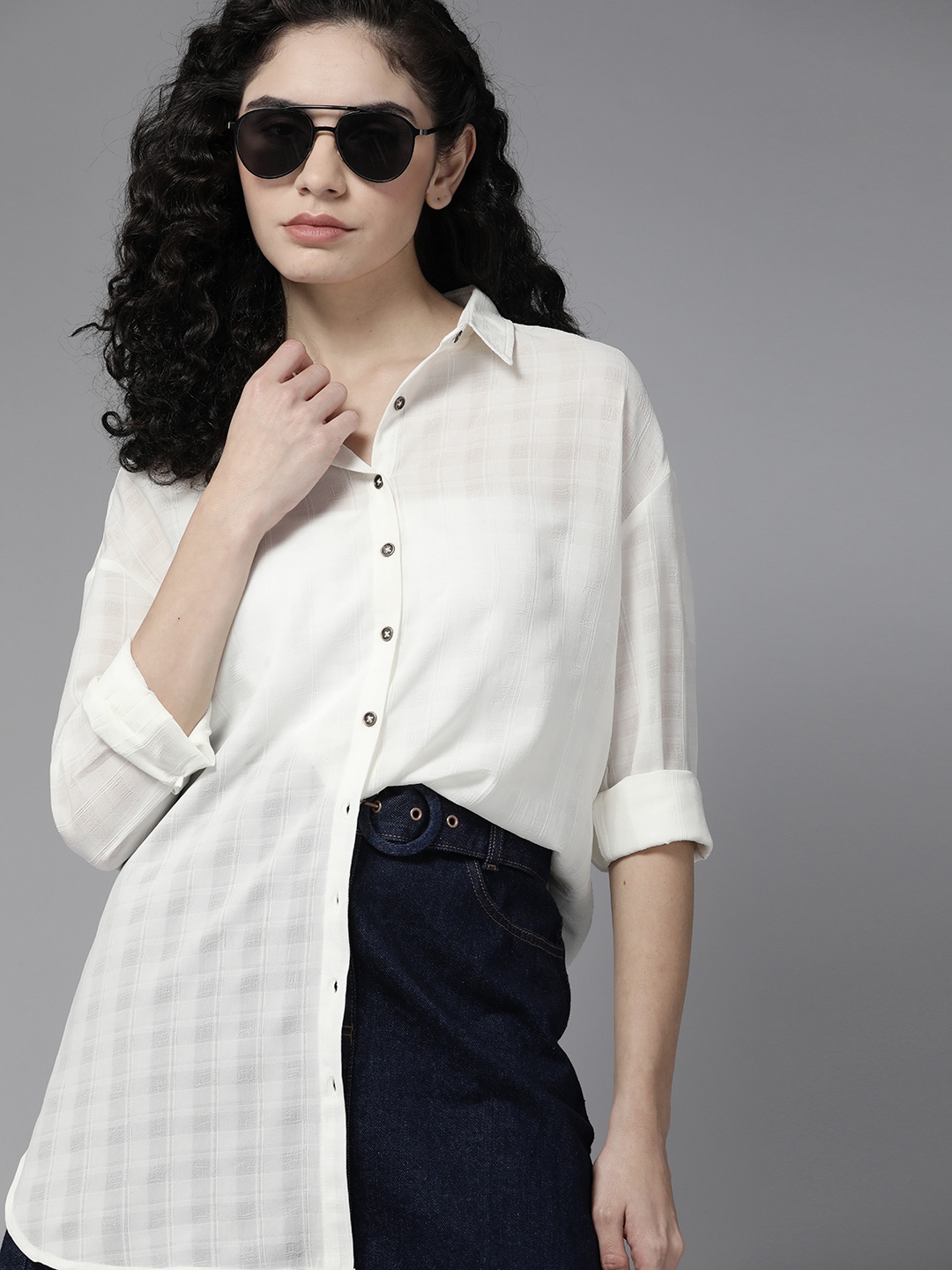 

The Roadster Lifestyle Co. x Discovery Women White Self Design Longline Casual Shirt
