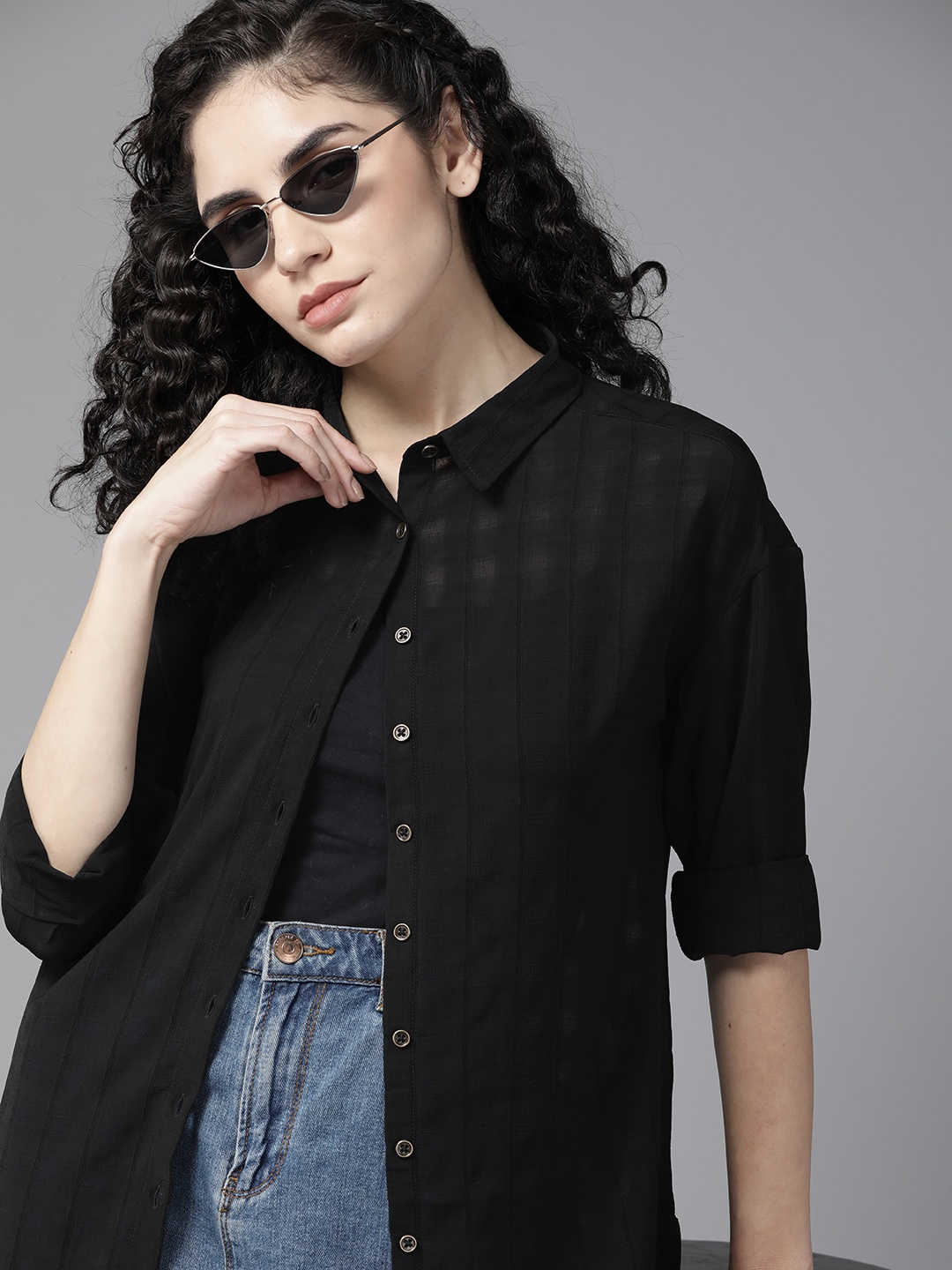 

The Roadster Lifestyle Co. x Discovery Women Black Self Design Longline Casual Shirt