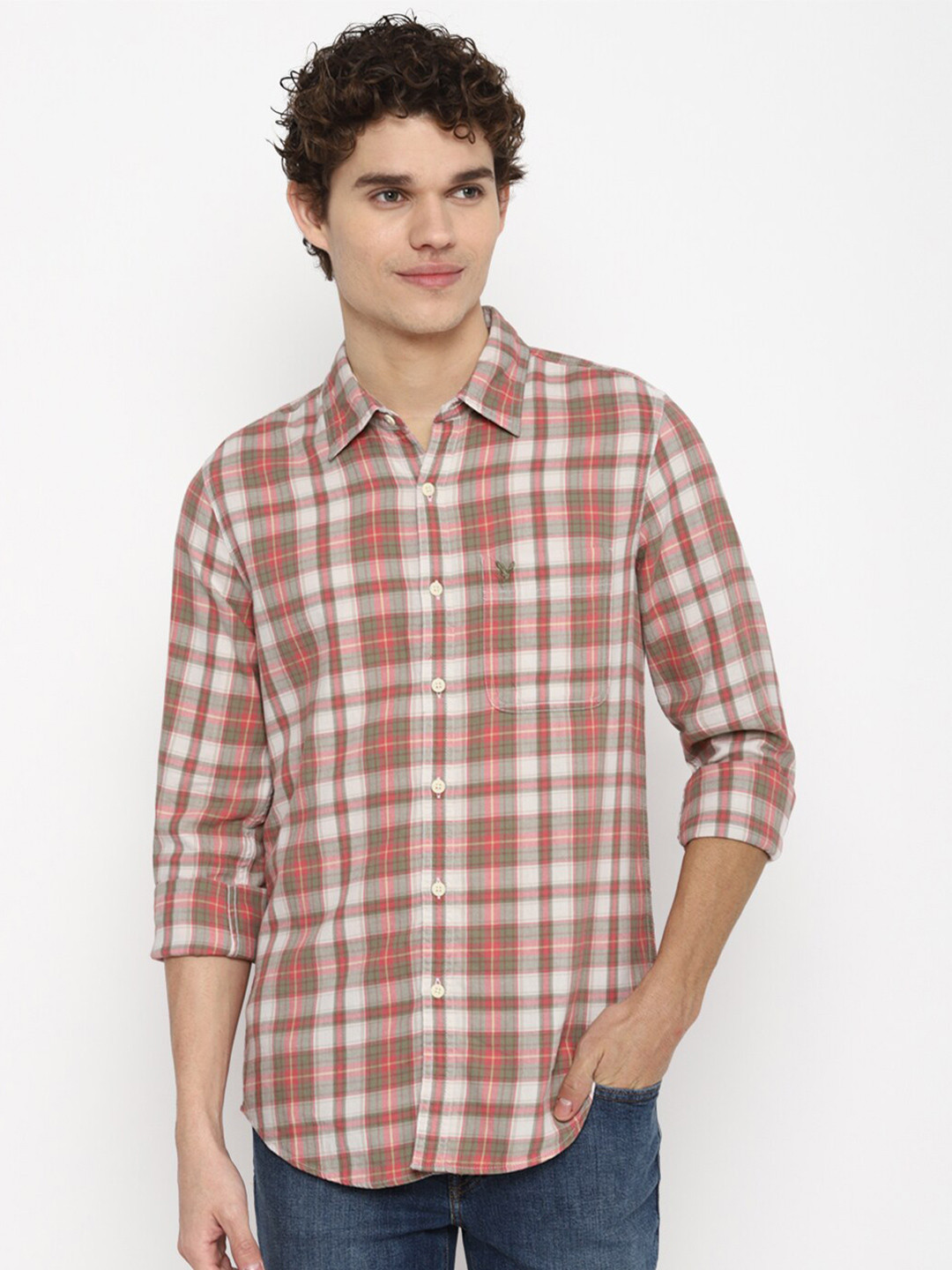 

AMERICAN EAGLE OUTFITTERS Men Grey Slim Fit Tartan Checks Checked Casual Cotton Shirt