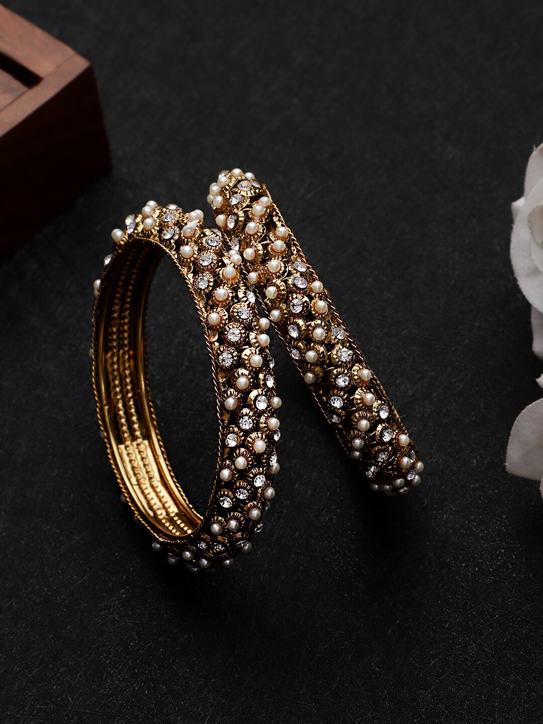 

KACY Women Gold Plated Pearl & Zircon Bangles