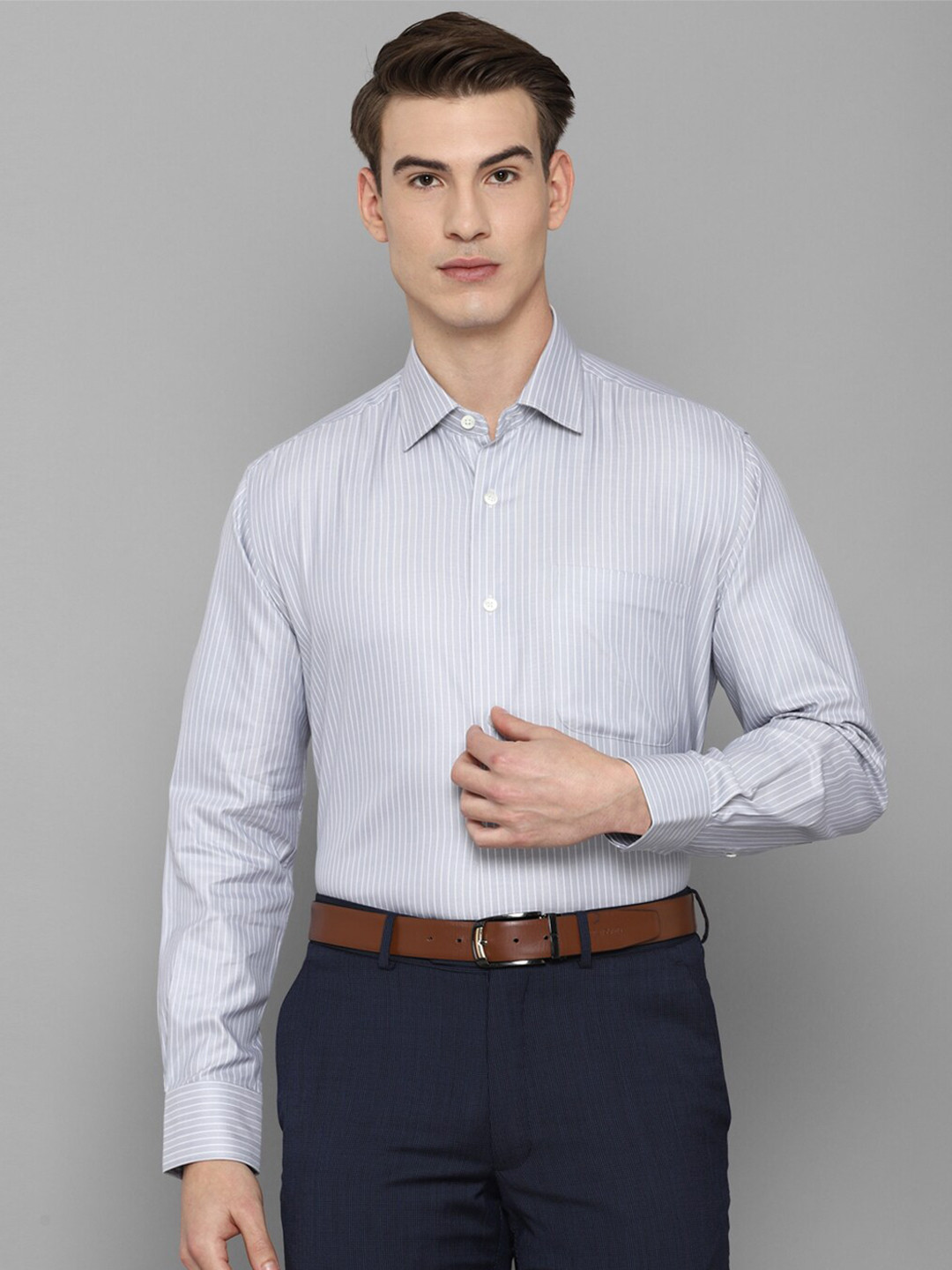 

Luxure by Louis Philippe Men Grey Striped Pure Cotton Formal Shirt