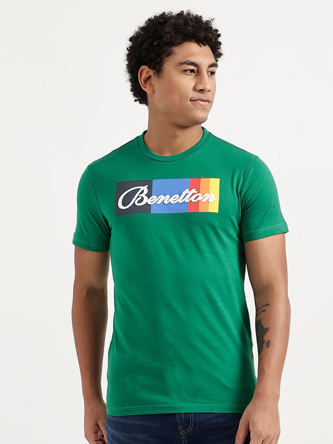 

United Colors of Benetton Men Green Typography Printed T-shirt