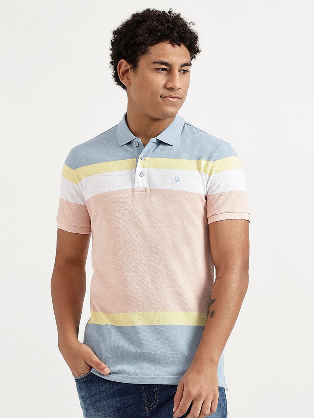 

United Colors of Benetton Men Multicoloured Striped Polo Collar T-shirt, Blue