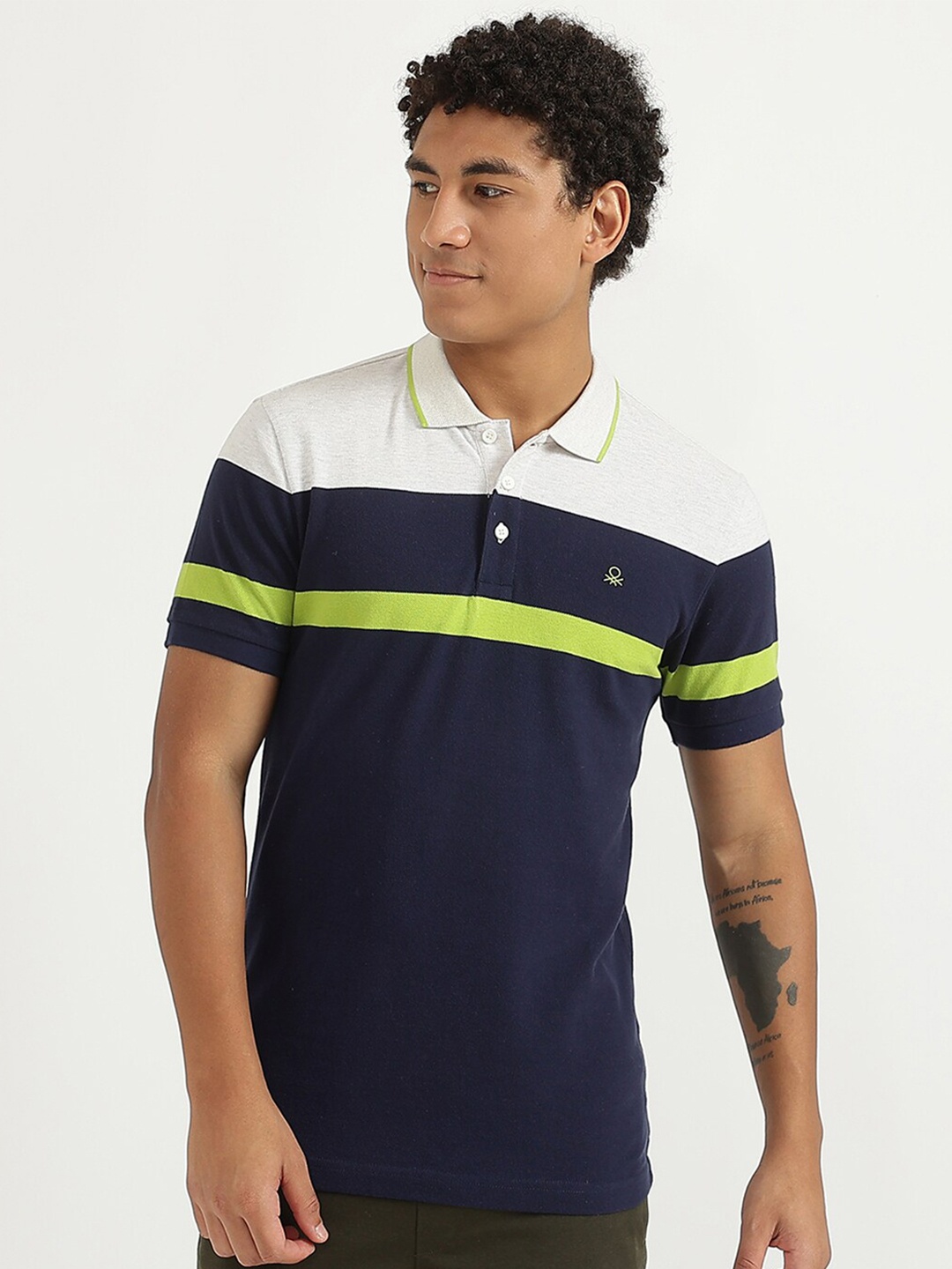 

United Colors of Benetton Men Navy Blue Striped Polo Collar T-shirt