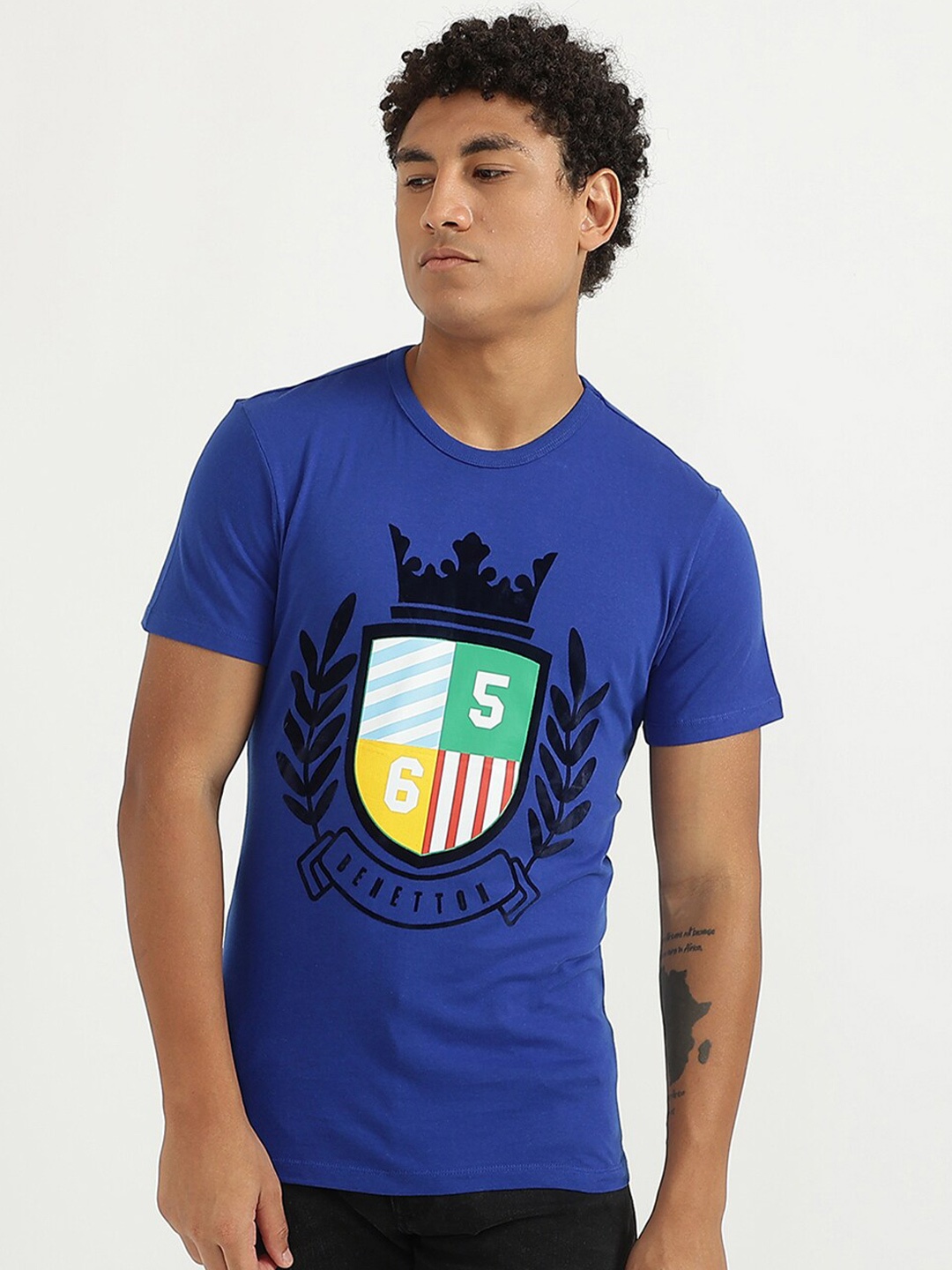 

United Colors of Benetton Men Blue Printed Cotton T-shirt