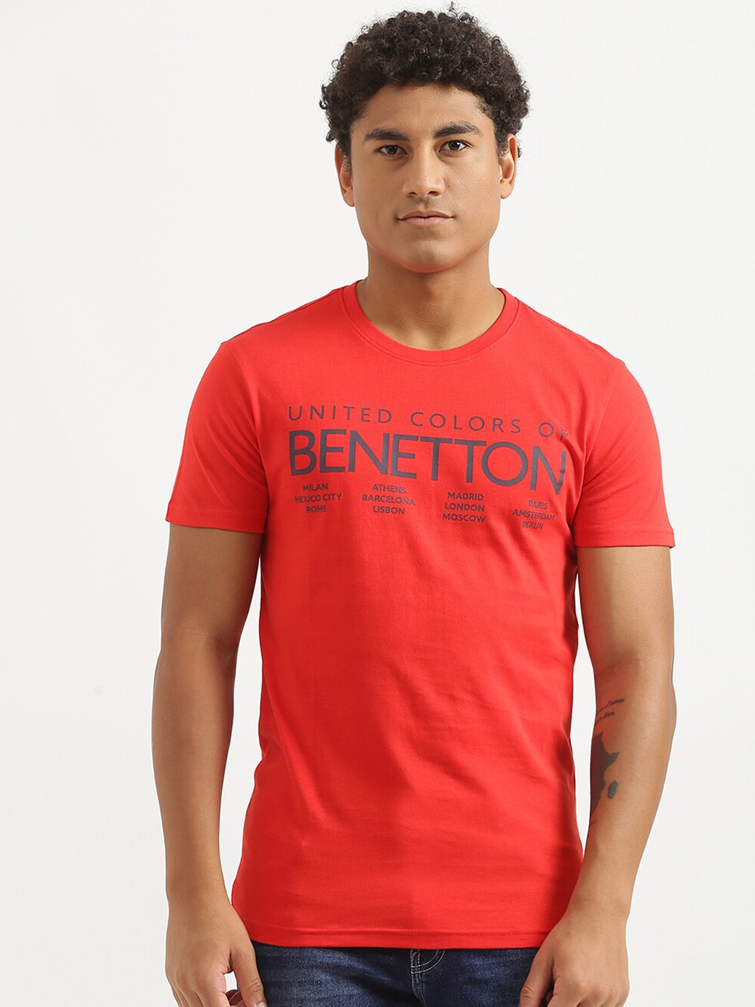 

United Colors of Benetton Men Red Brand Logo Printed T-shirt
