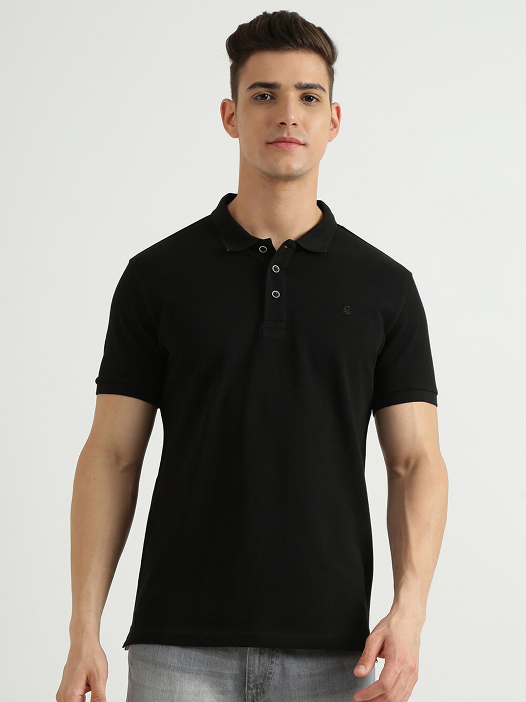 

United Colors of Benetton Men Black Polo Collar T-shirt