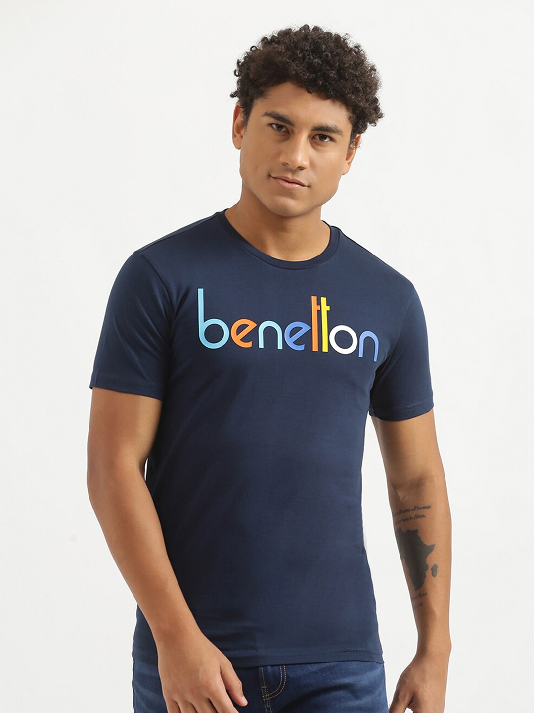 

United Colors of Benetton Men Navy Blue Typography T-shirt
