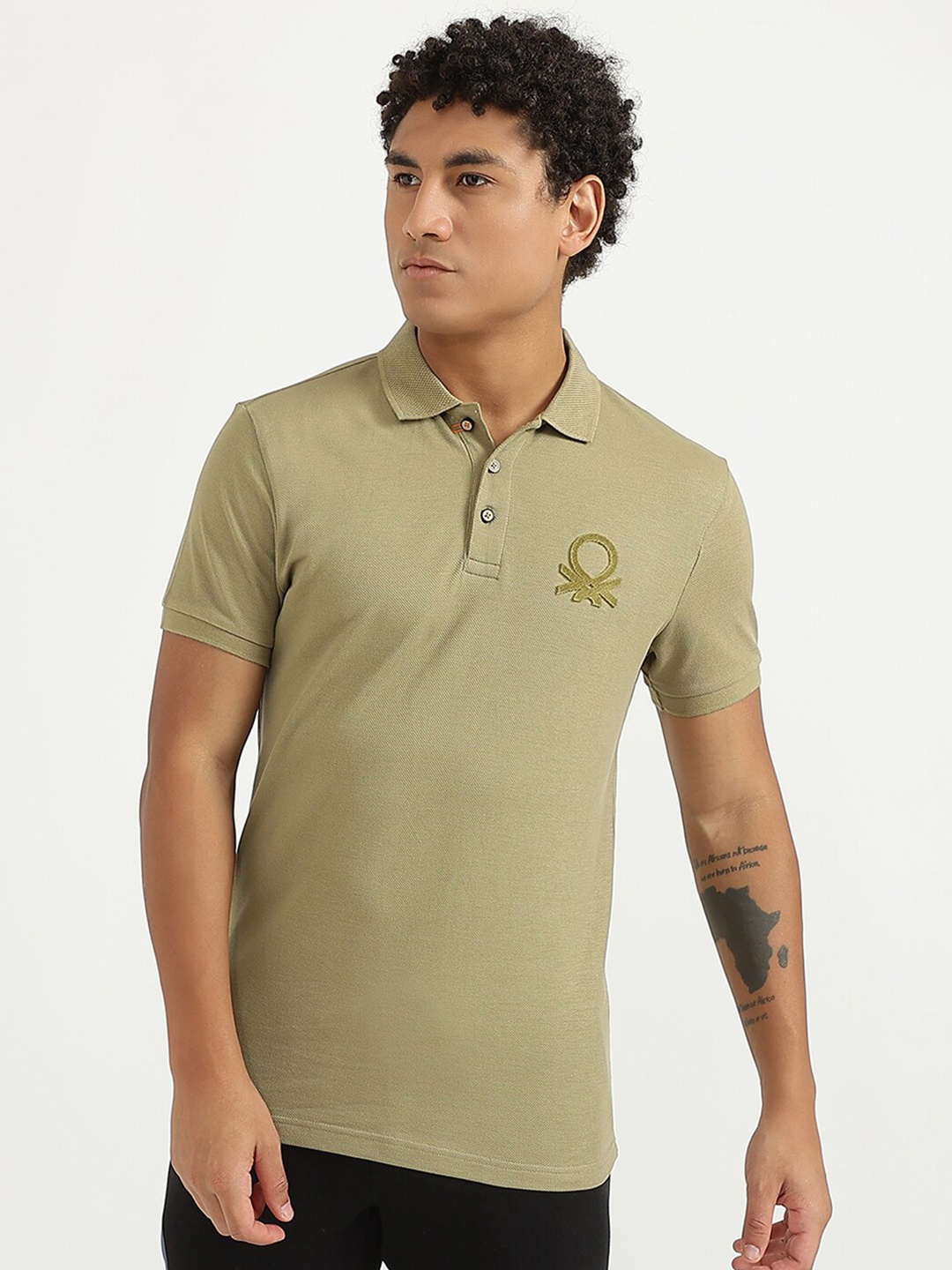 

United Colors of Benetton Men Green Polo Collar T-shirt