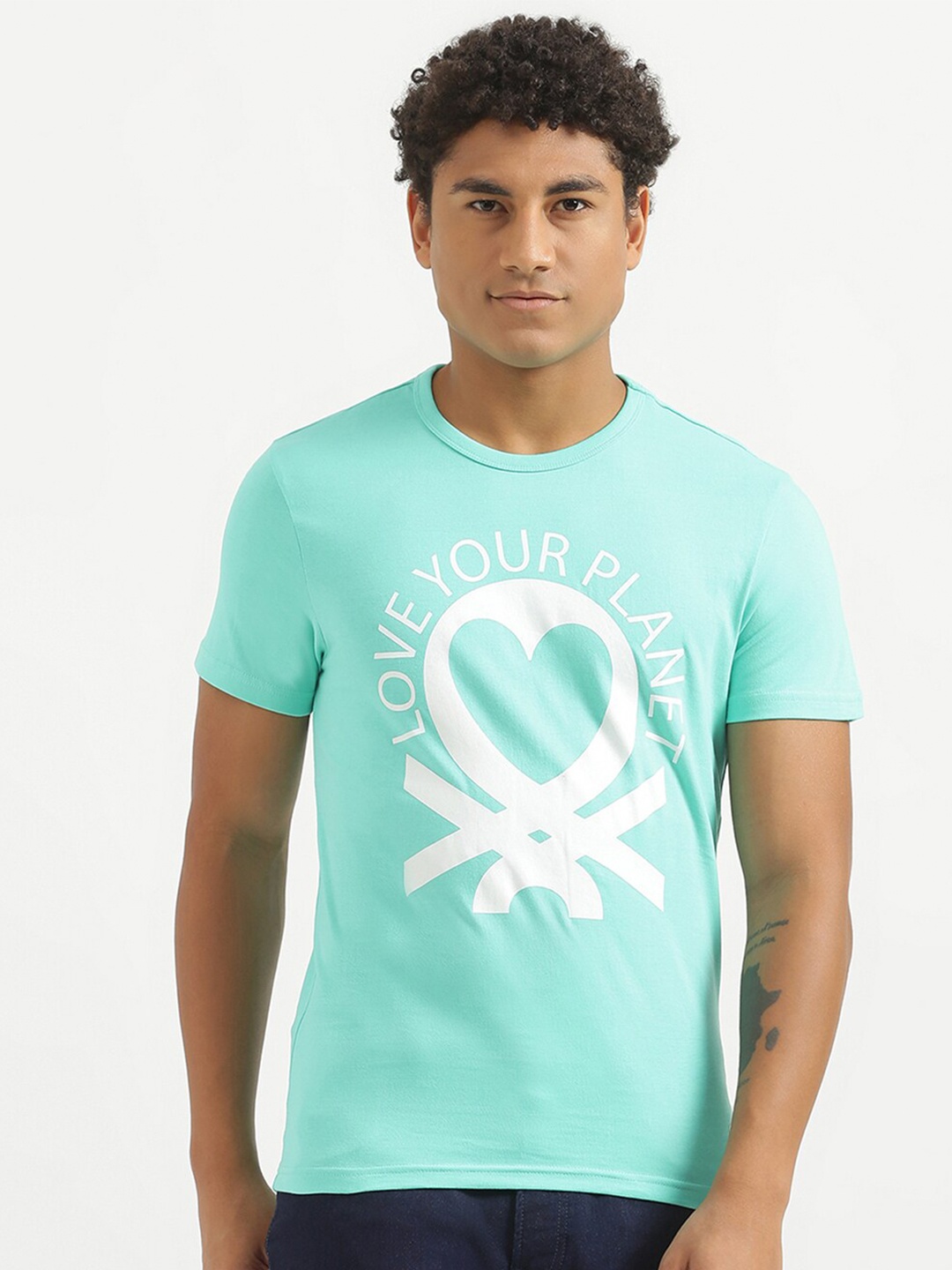 

United Colors of Benetton Men Blue & White Brand Logo Printed T-shirt