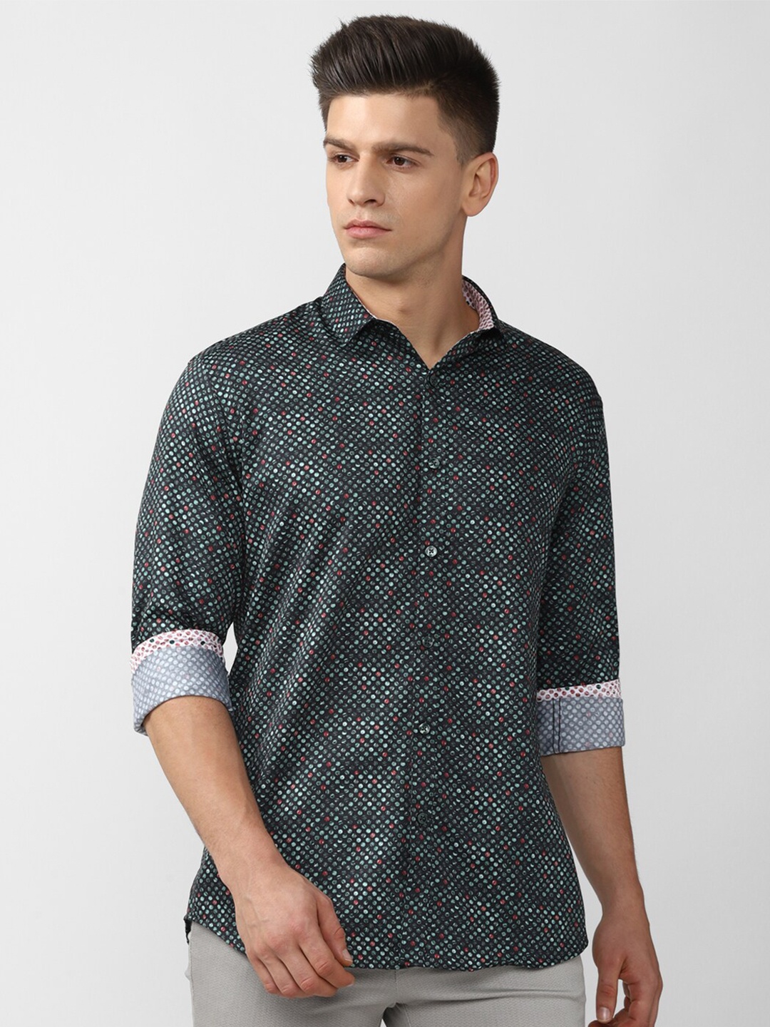 

V Dot Men Grey Slim Fit Printed Casual Cotton Shirt