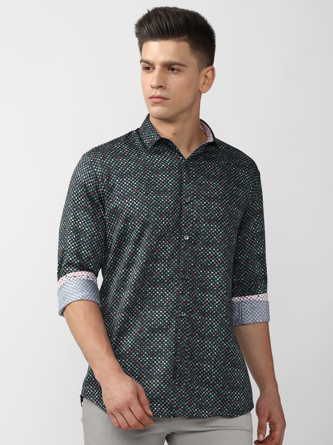 

V Dot Men Grey Slim Fit Printed Casual Shirt