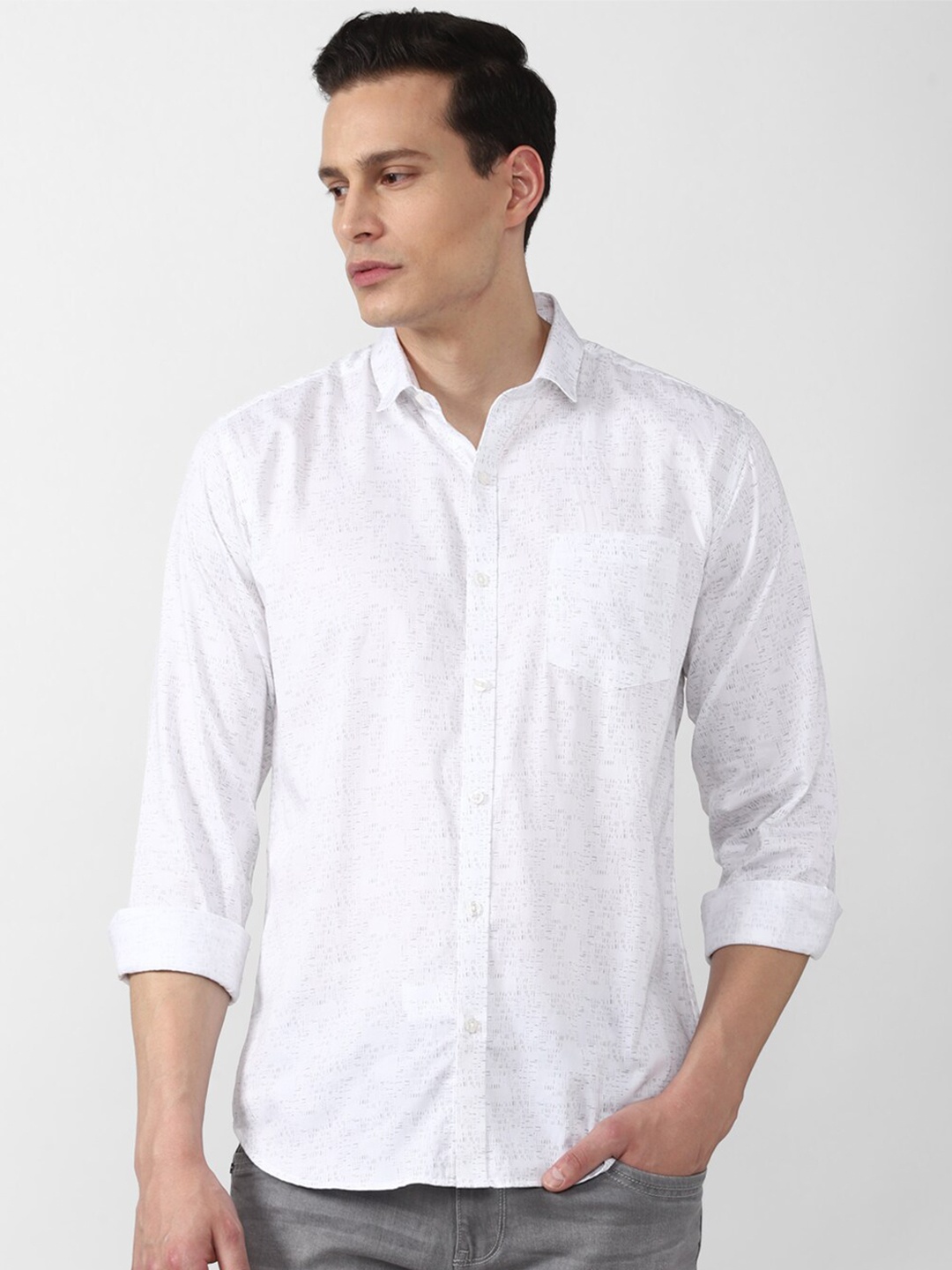 

V Dot Men White Slim Fit Printed Casual Shirt