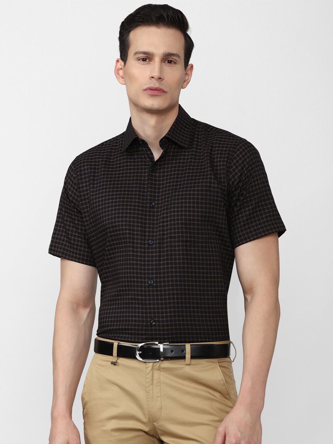 

Van Heusen Men Black Grid Tattersall Checks Checked 100% Cotton Formal Shirt