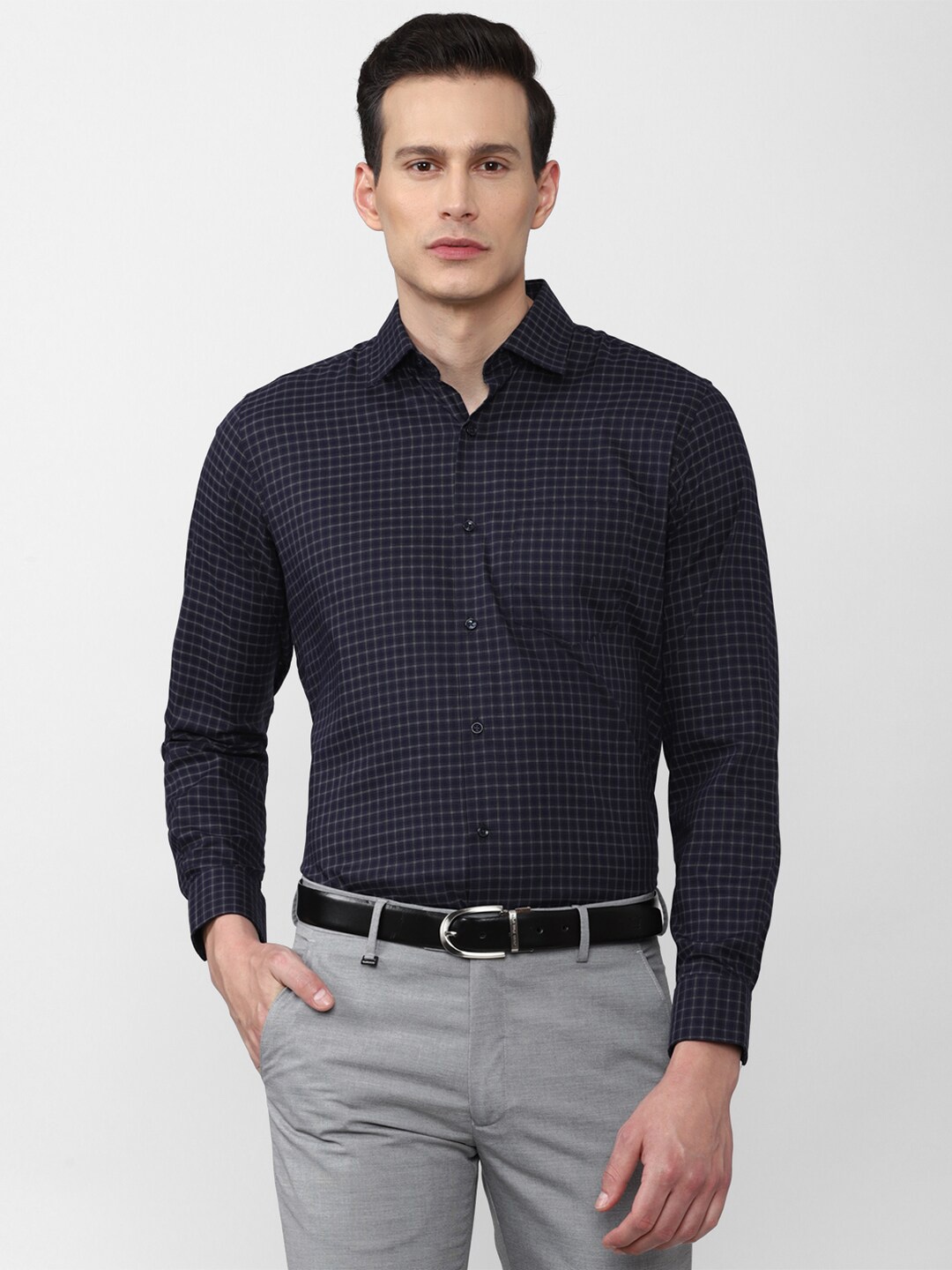 

Van Heusen Men Navy Blue Grid Tattersall Checked Pure Cotton Formal Shirt
