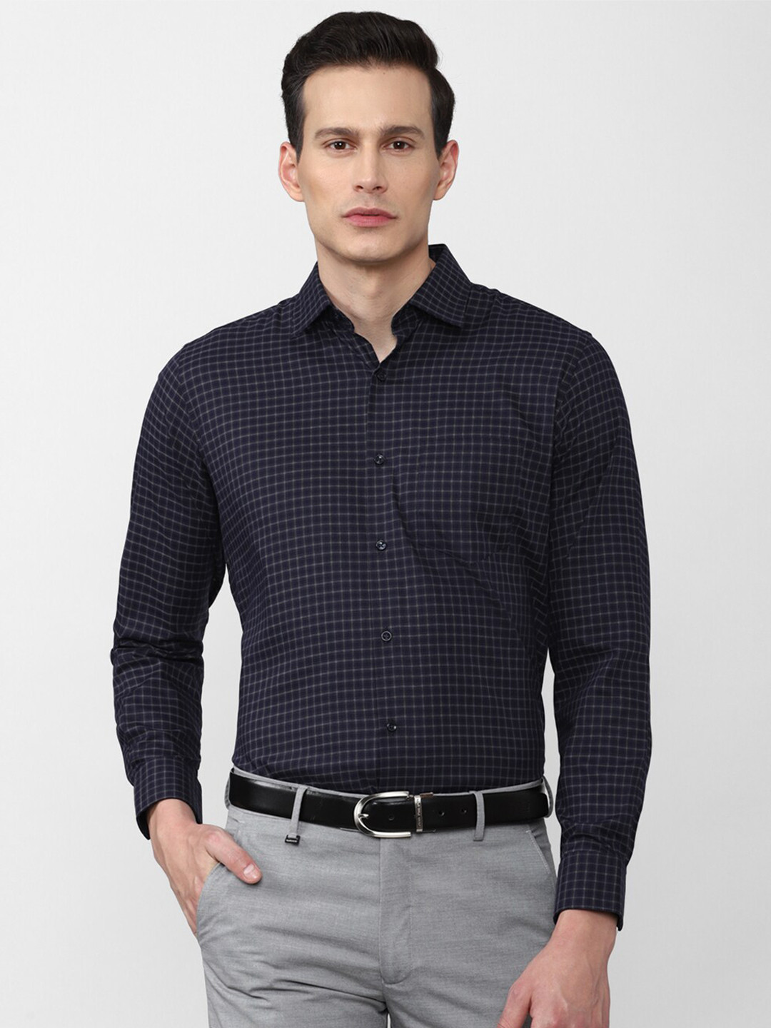 

Van Heusen Men Navy Blue Grid Tattersall Checked Cotton Formal Shirt