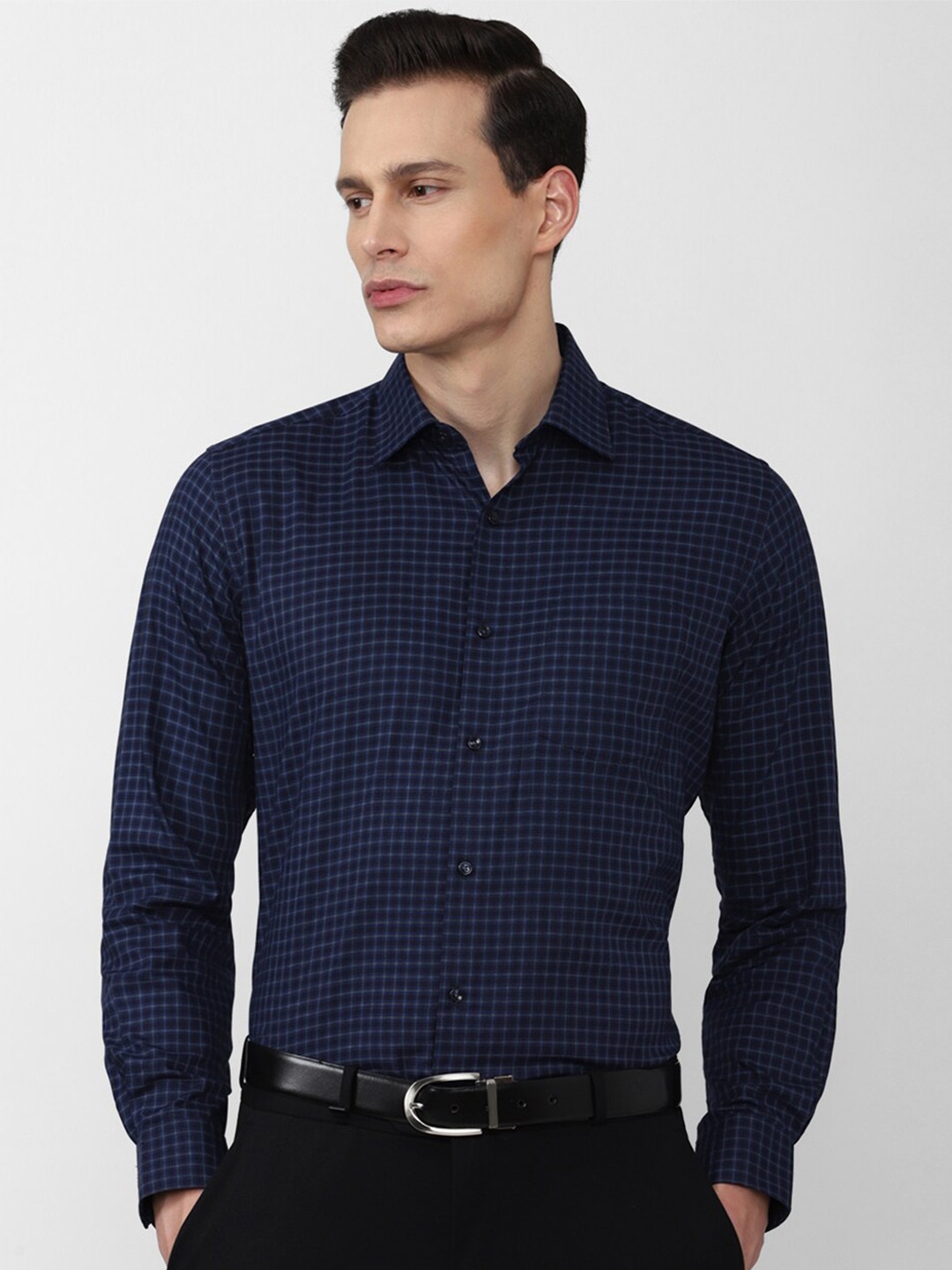 

Van Heusen Men Navy Blue Grid Tattersall Checks Checked Pure Cotton Formal Shirt