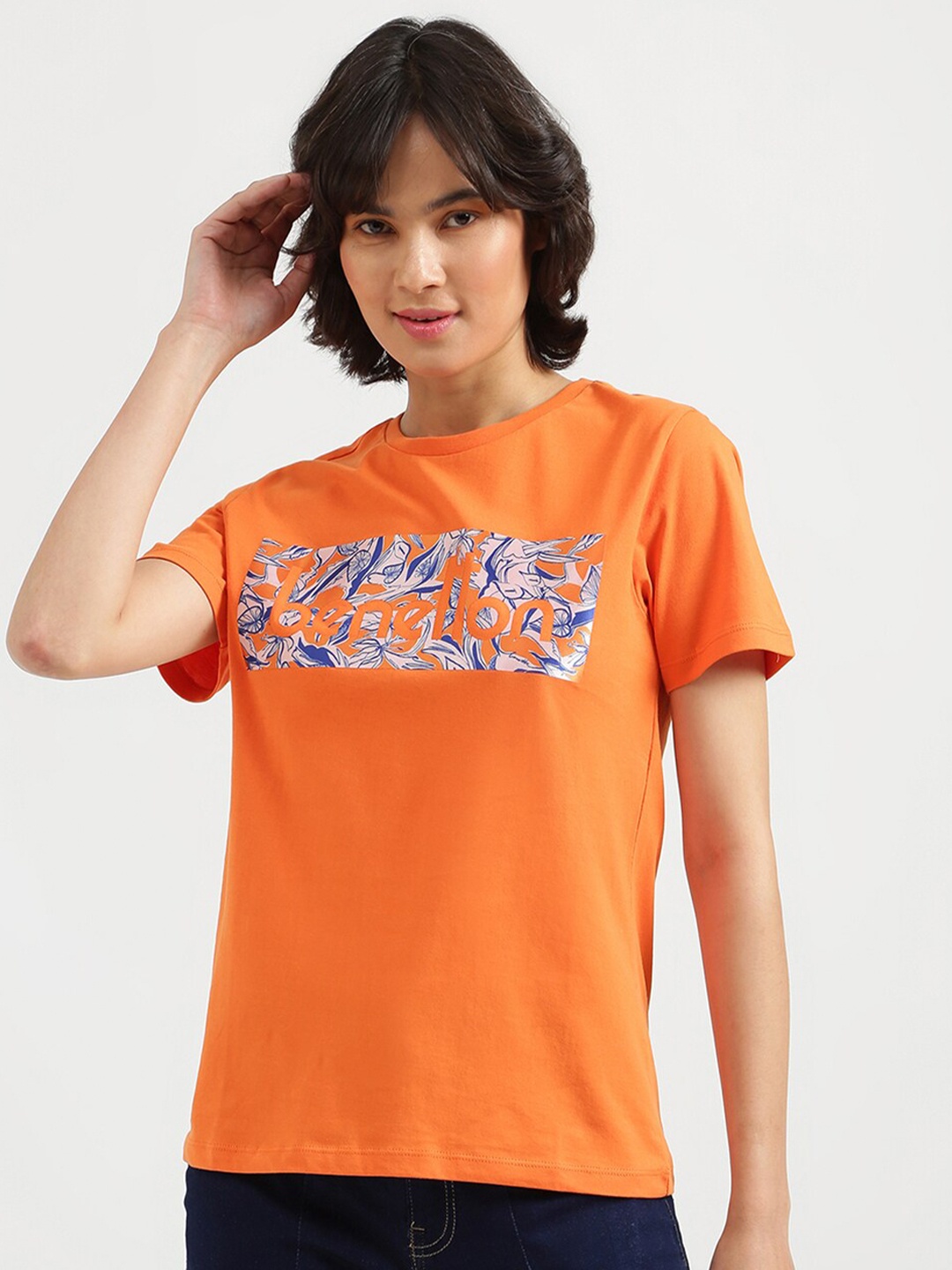 

United Colors of Benetton Women Orange Brand Logo Printed T-shirt