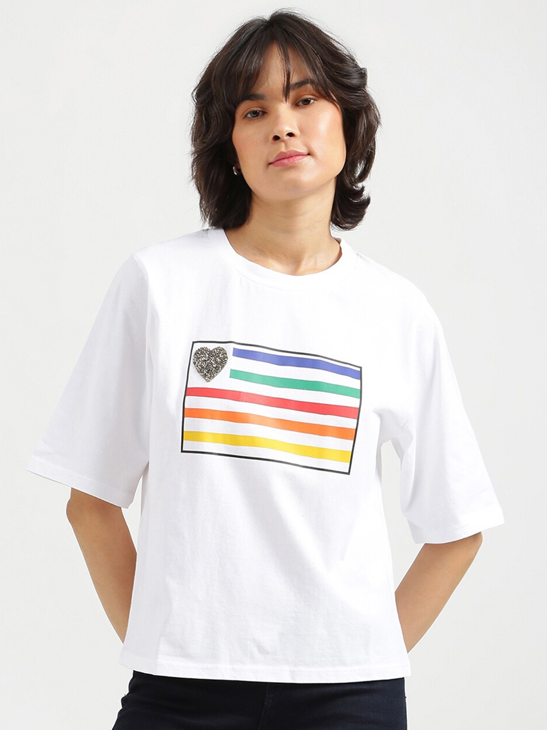 

United Colors of Benetton Women White Printed T-shirt