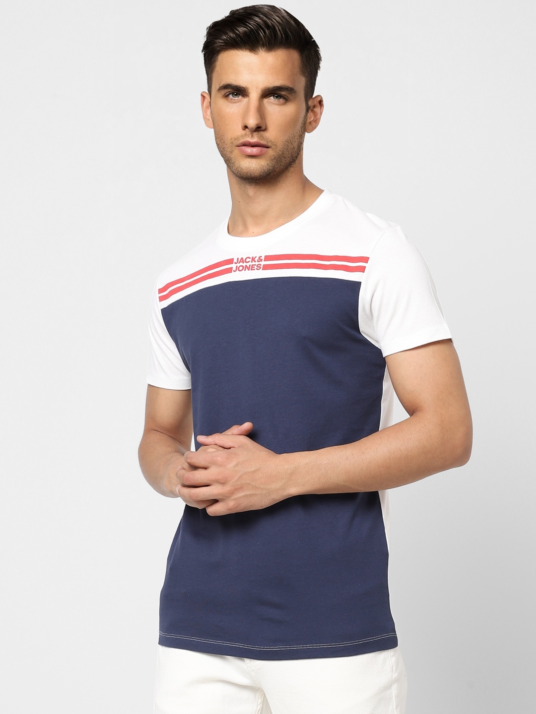 

Jack & Jones Men White & Blue Brand Logo Printed Pure Cotton Slim Fit T-shirt