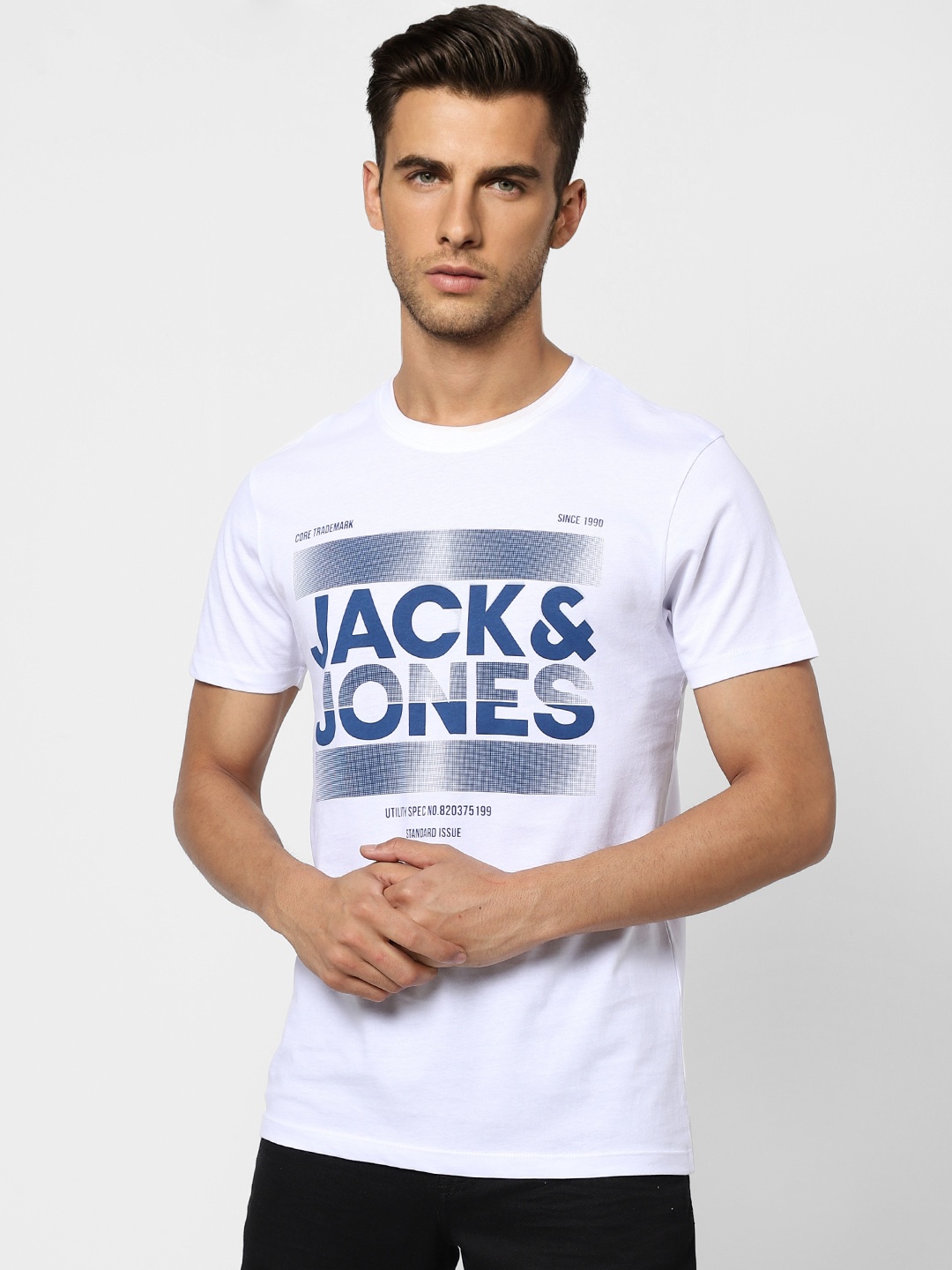 

Jack & Jones Men White Brand Logo Printed Pure Cotton Slim Fit T-shirt