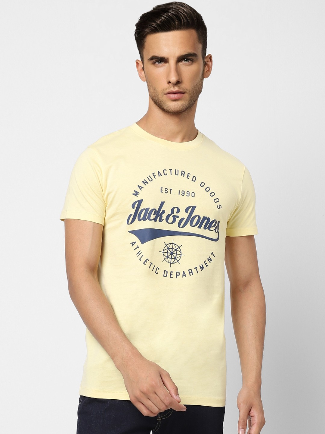 

Jack & Jones Men Yellow Brand Logo Printed Pure Cotton Slim Fit T-shirt