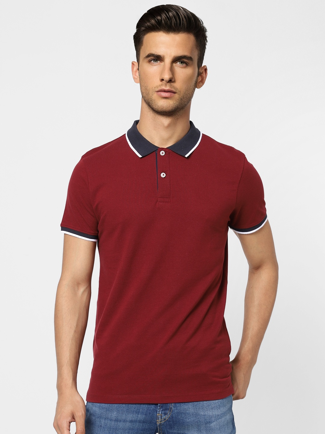 

Jack & Jones Men Maroon Contrast Polo Collar Pure Cotton Slim Fit T-shirt