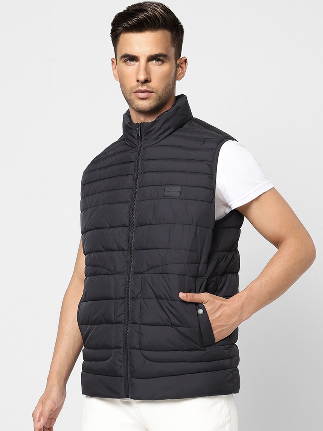 

Jack & Jones Men Black Self Design Striped Mock-Collar Sleeveless Puffer Jacket