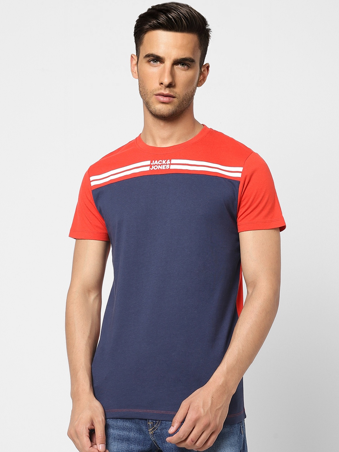 

Jack & Jones Men Navy Blue & Red Colourblocked Pure Cotton Slim Fit T-shirt