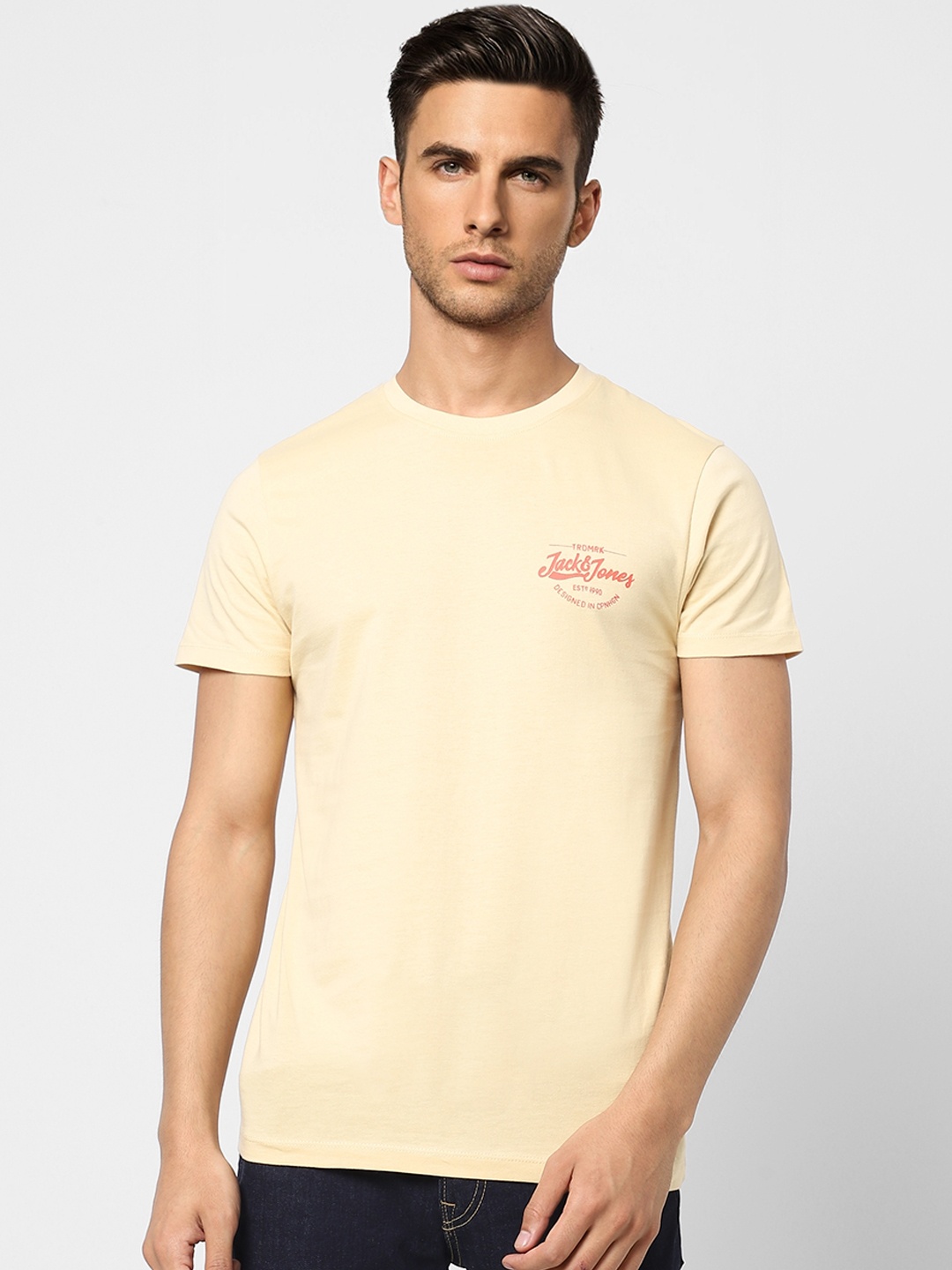 

Jack & Jones Men Beige Brand Logo Printed Pure Cotton Slim Fit T-shirt