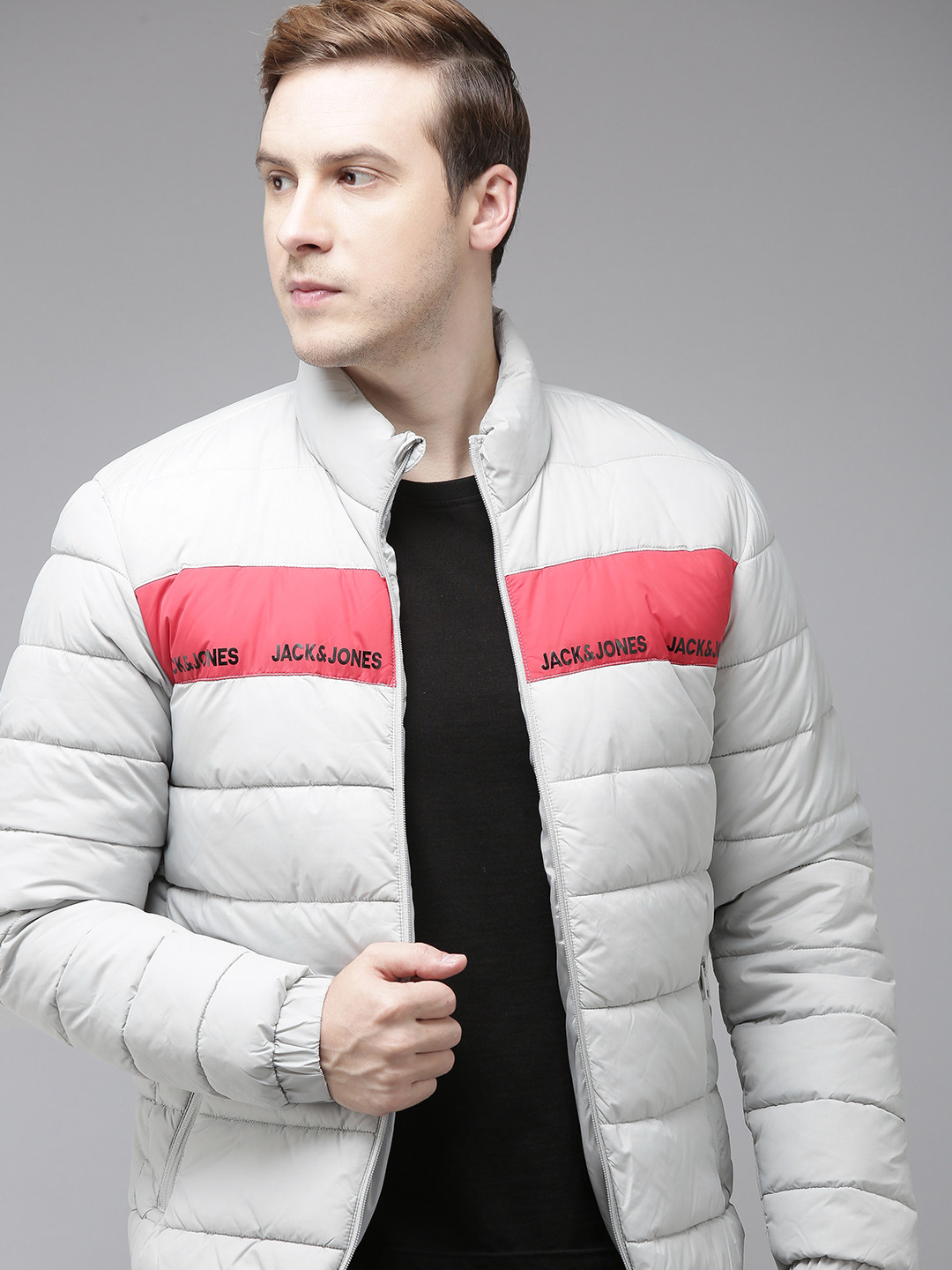 

Jack & Jones Men Brand Logo Striped Puffer Jacket, Grey