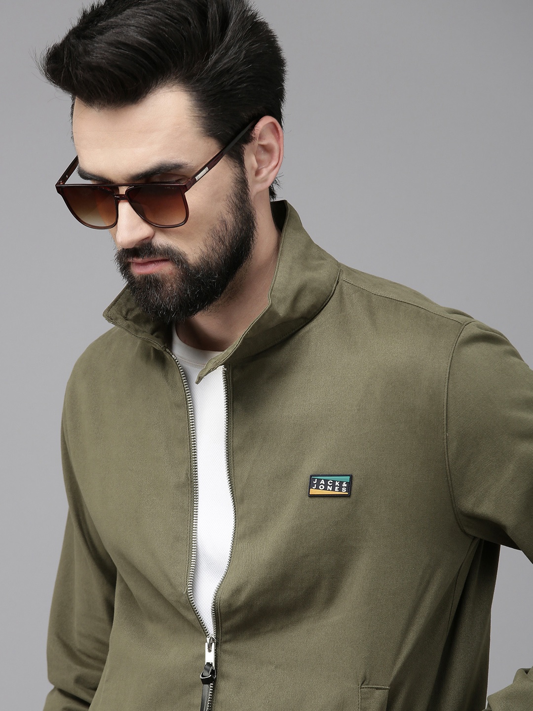 

Jack & Jones Men Olive Green Solid Pure Cotton Tailored Jacket