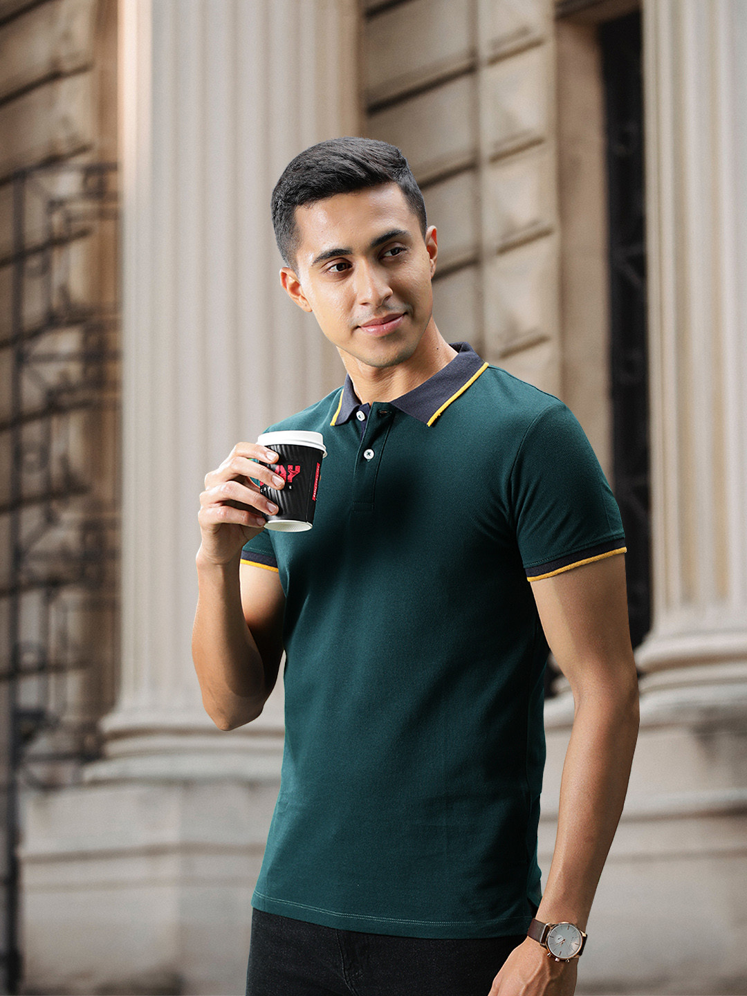 

Jack & Jones Men Green Polo Collar Pure Cotton Slim Fit T-shirt