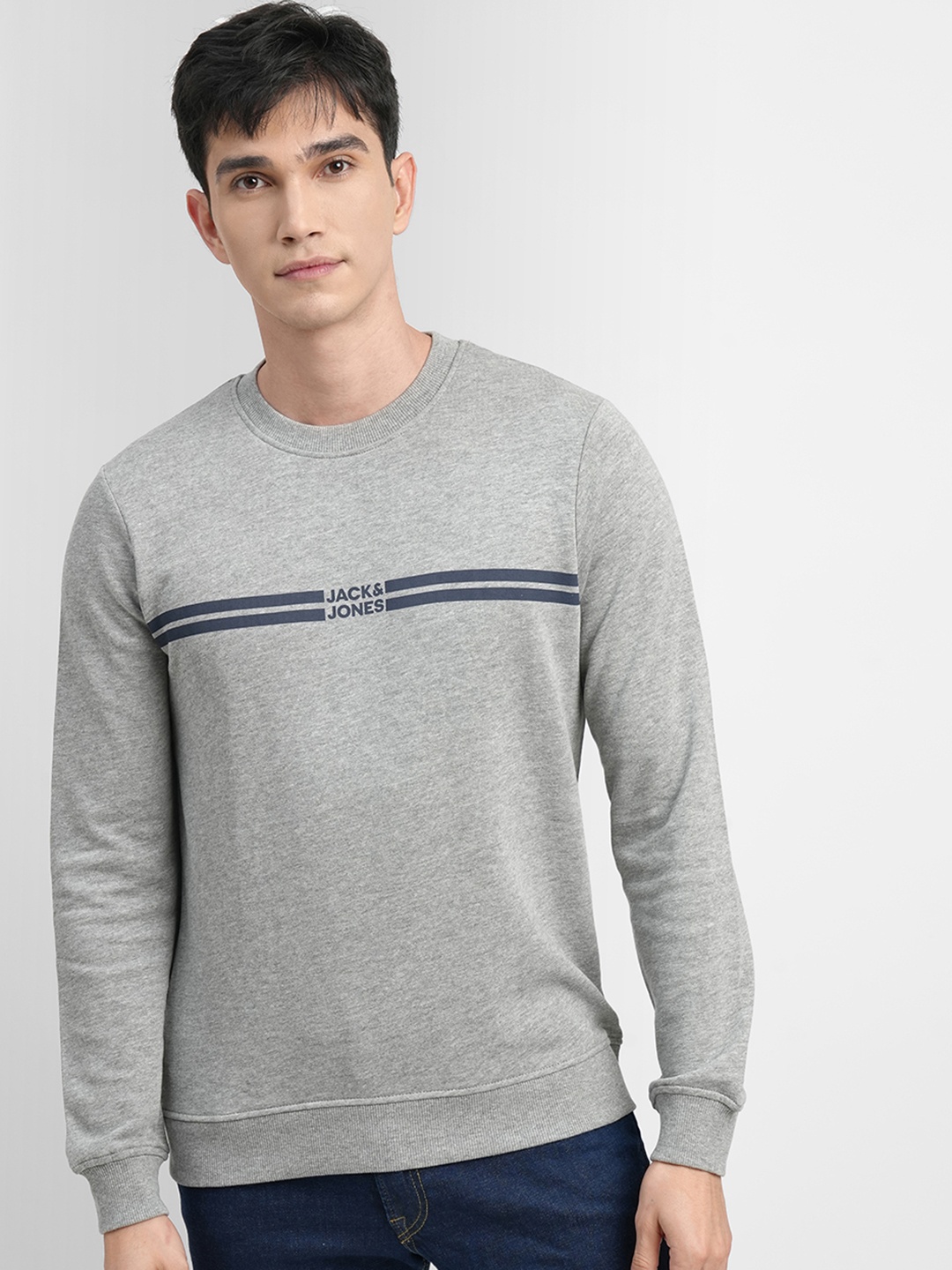 

Jack & Jones Men Grey Melange Sweatshirt with Printed Detail