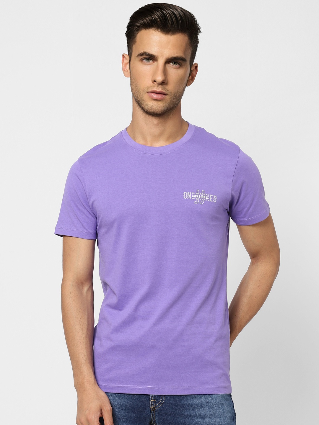 

Jack & Jones Men Purple Printed Pure Cotton T-shirt