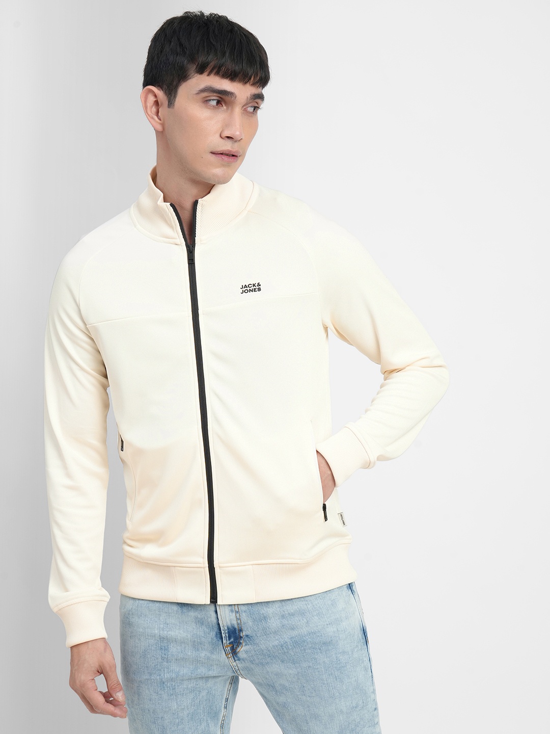 

Jack & Jones Men White Solid Mock Collar Bomber Jacket With Zip Closure