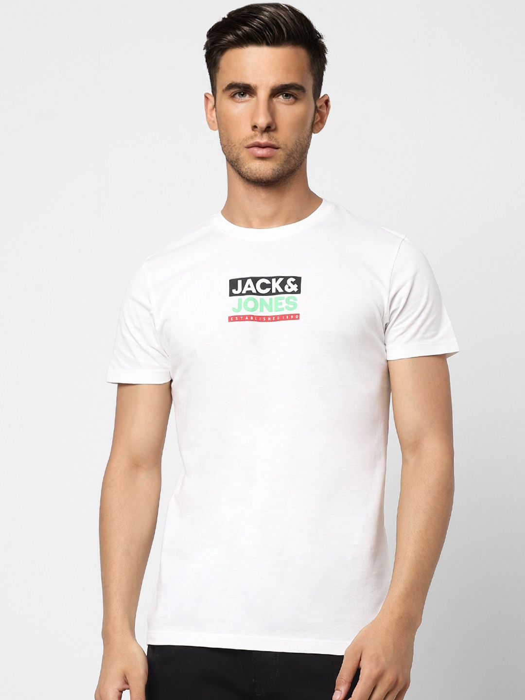 

Jack & Jones Men White Typography Printed Pure Cotton Slim Fit T-shirt