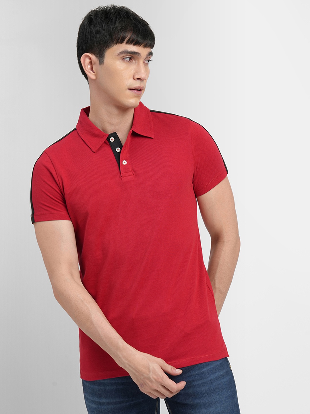 

Jack & Jones Men Red Solid Polo Collar Pure Cotton Slim Fit T-shirt