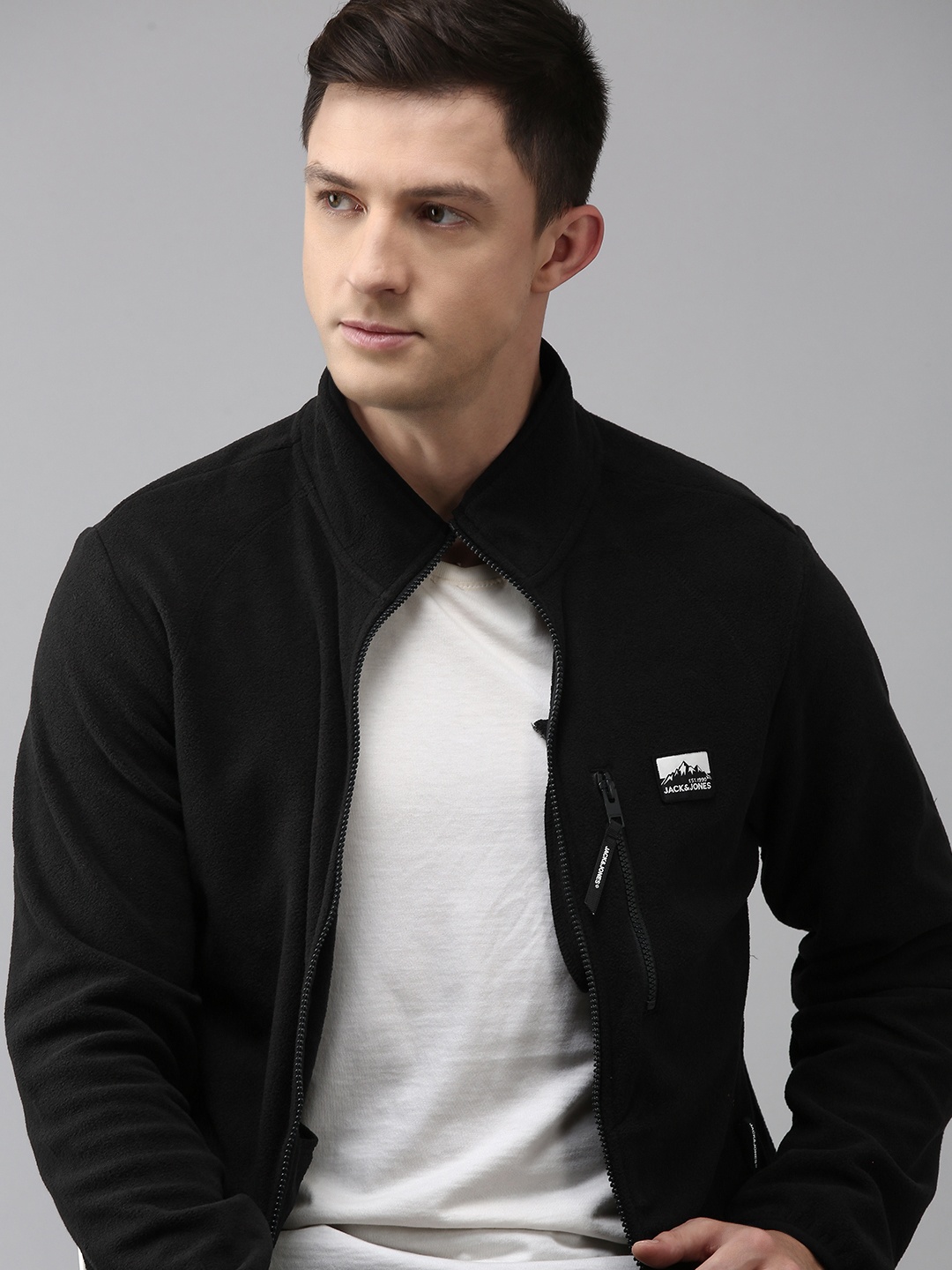 

Jack & Jones Men Black Solid Polar Jacket