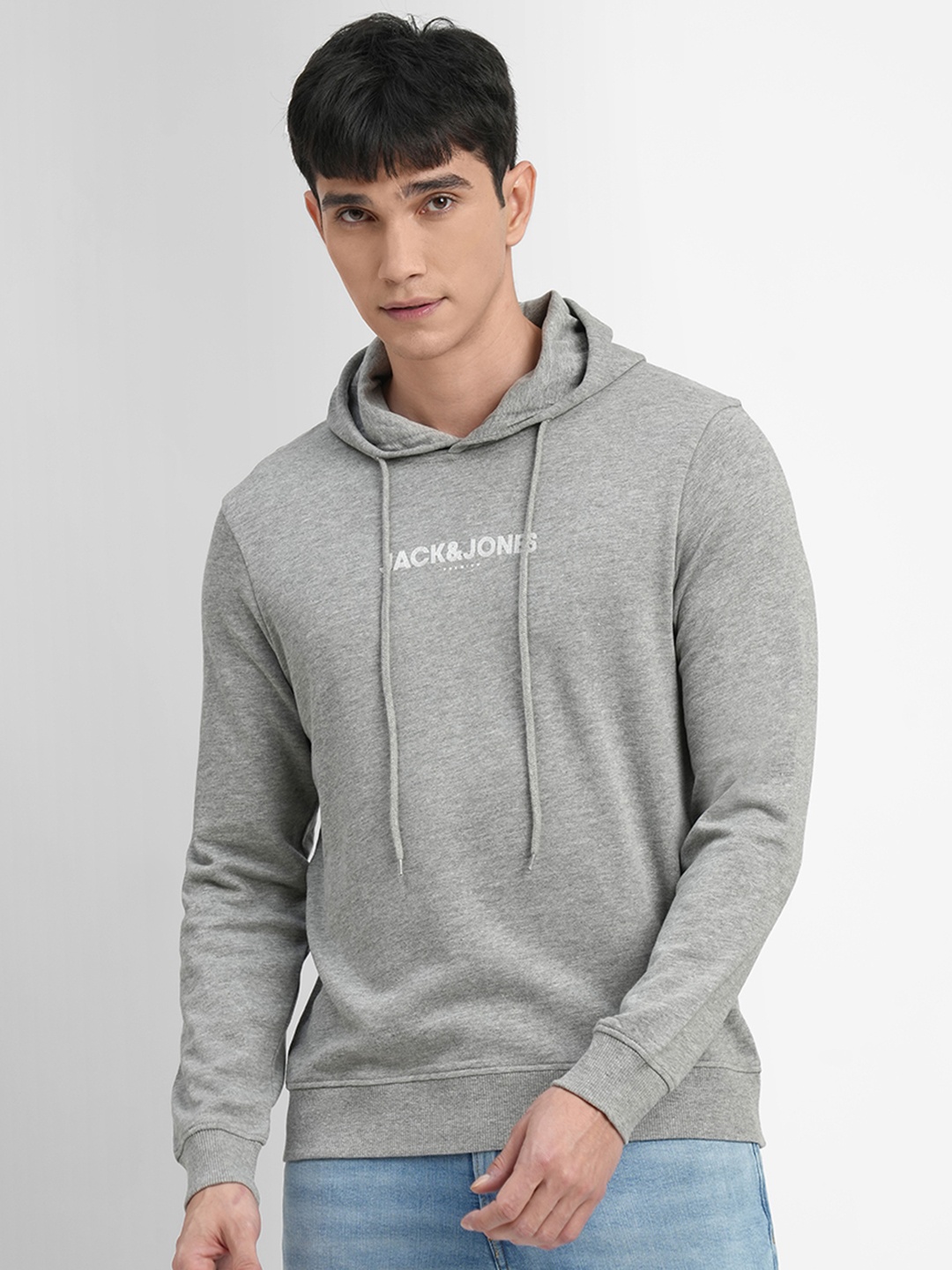 

Jack & Jones Men Grey Melange Printed Hooded Sweatshirt