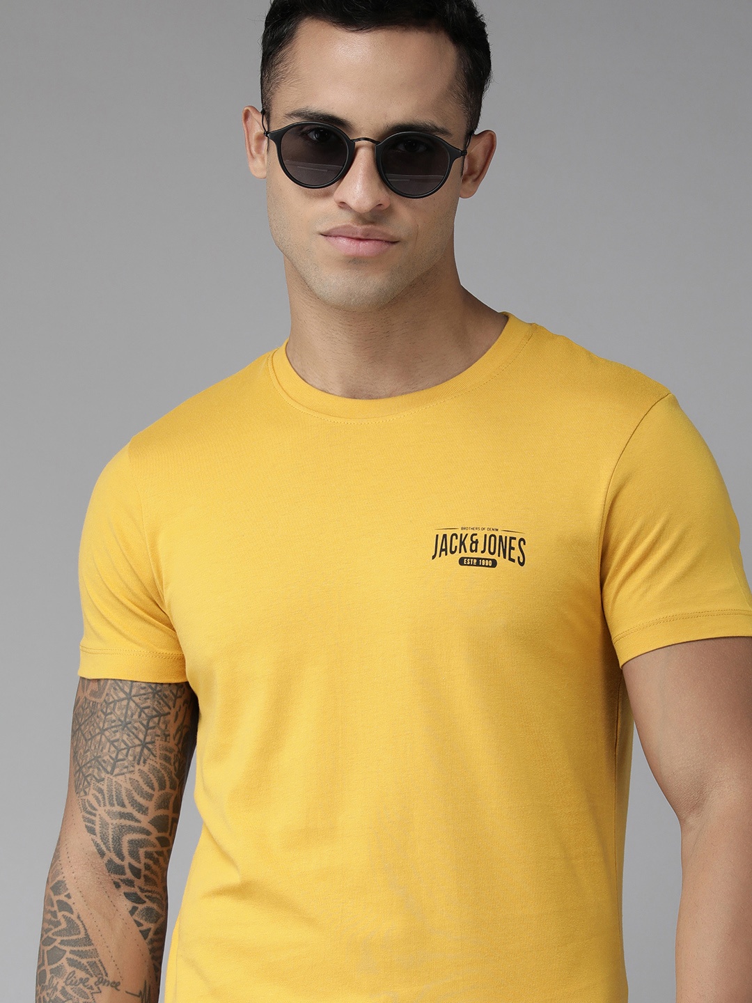 

Jack & Jones Men Yellow Printed Pure Cotton T-shirt