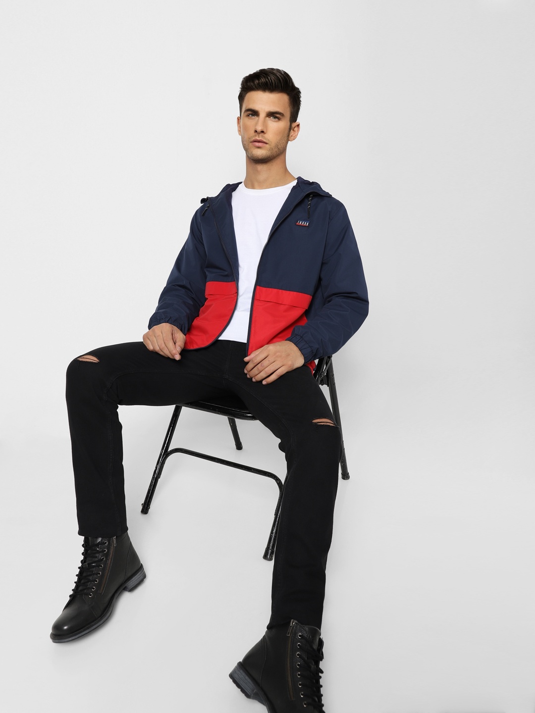 

Jack & Jones Men Navy Blue Red Colourblocked Hooded Sporty Jacket