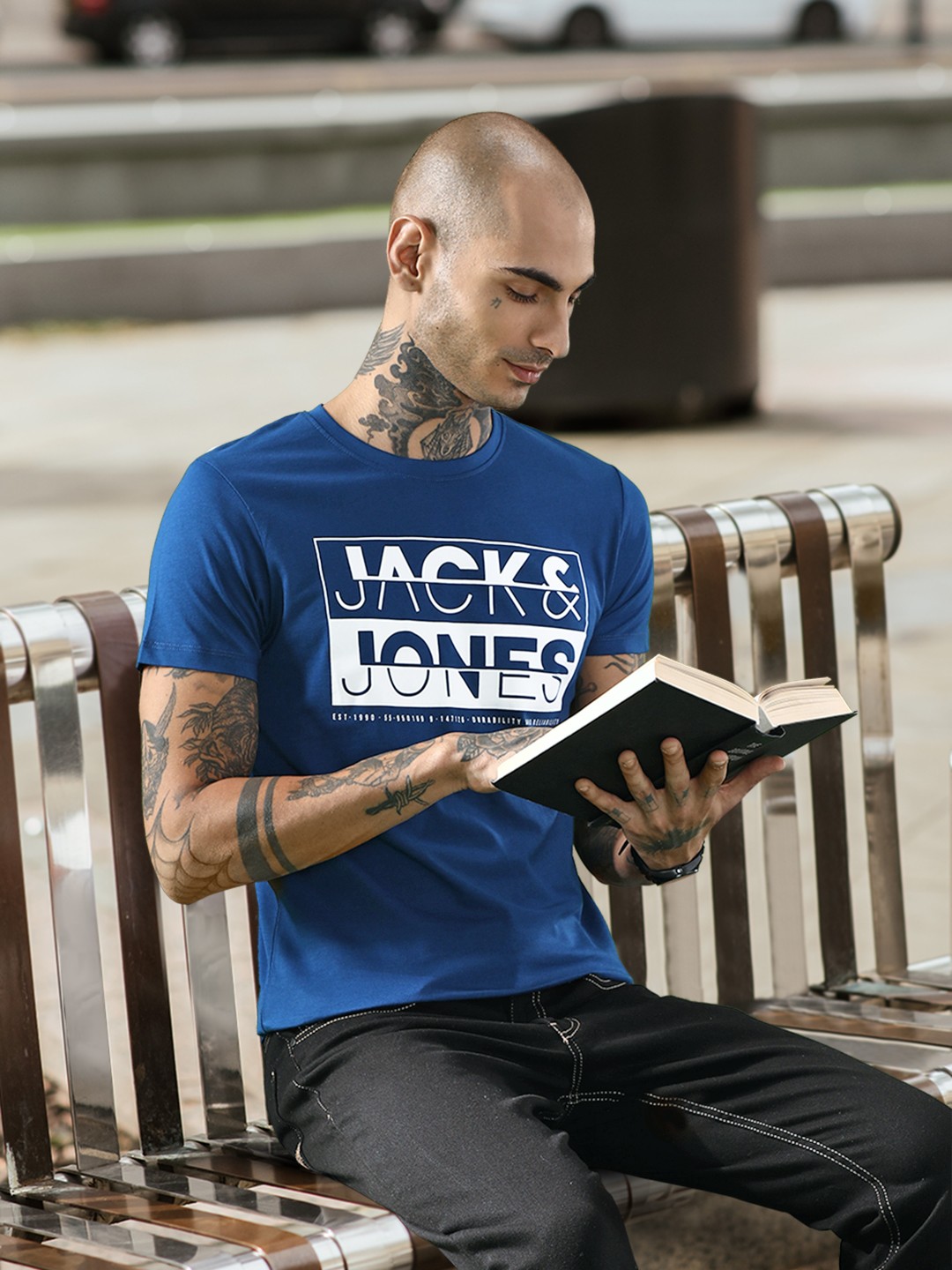 

Jack & Jones Men Blue Brand Logo Printed Slim Fit T-shirt