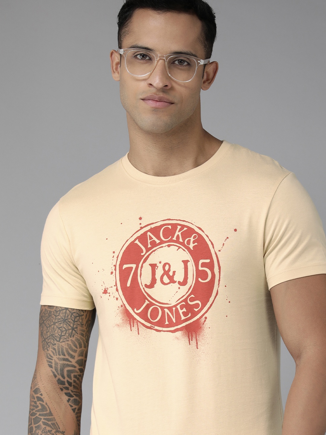 

Jack & Jones Men Beige Printed Pure Cotton T-shirt