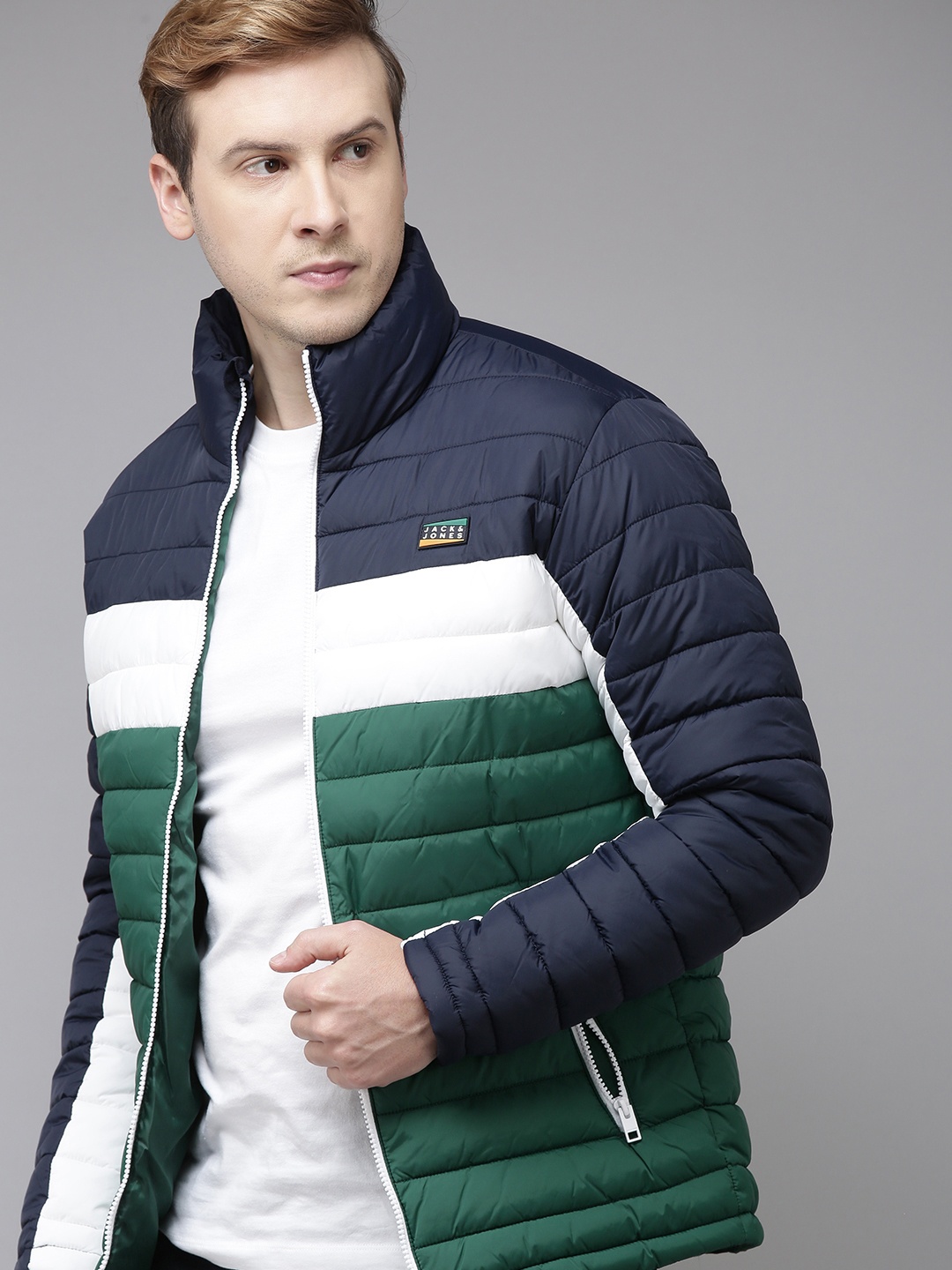 

Jack & Jones Men Green & Navy Blue Colourblocked Puffer Jacket