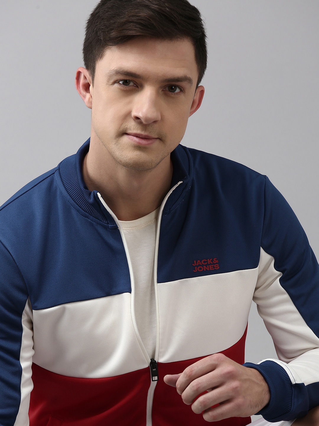 

Jack & Jones Men Blue & Red Colourblocked Sporty Jacket